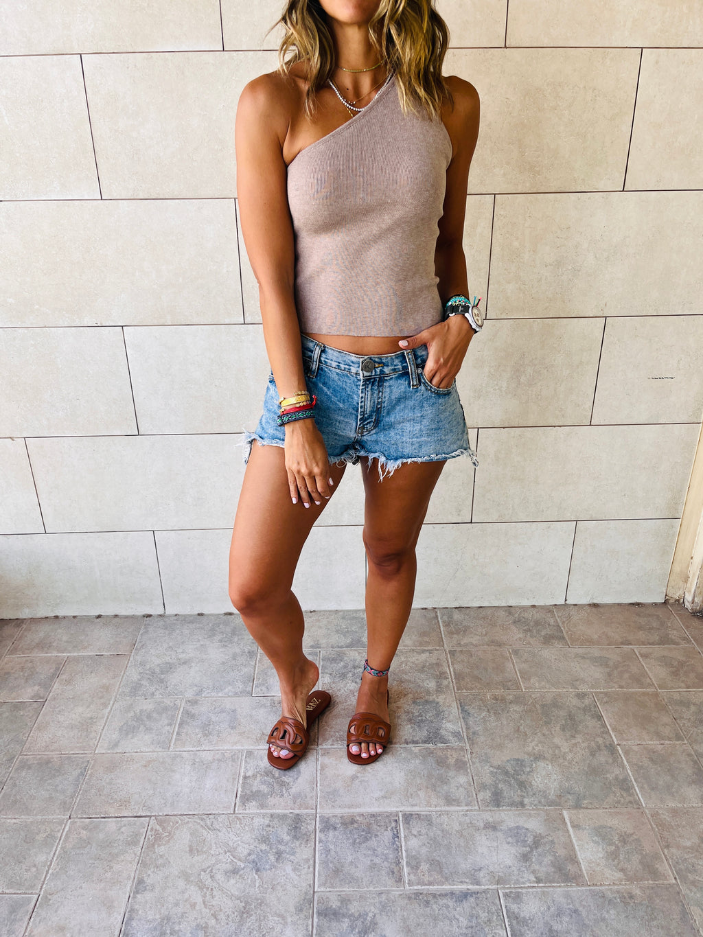 Taupe Simple Cool Off Shoulder Top