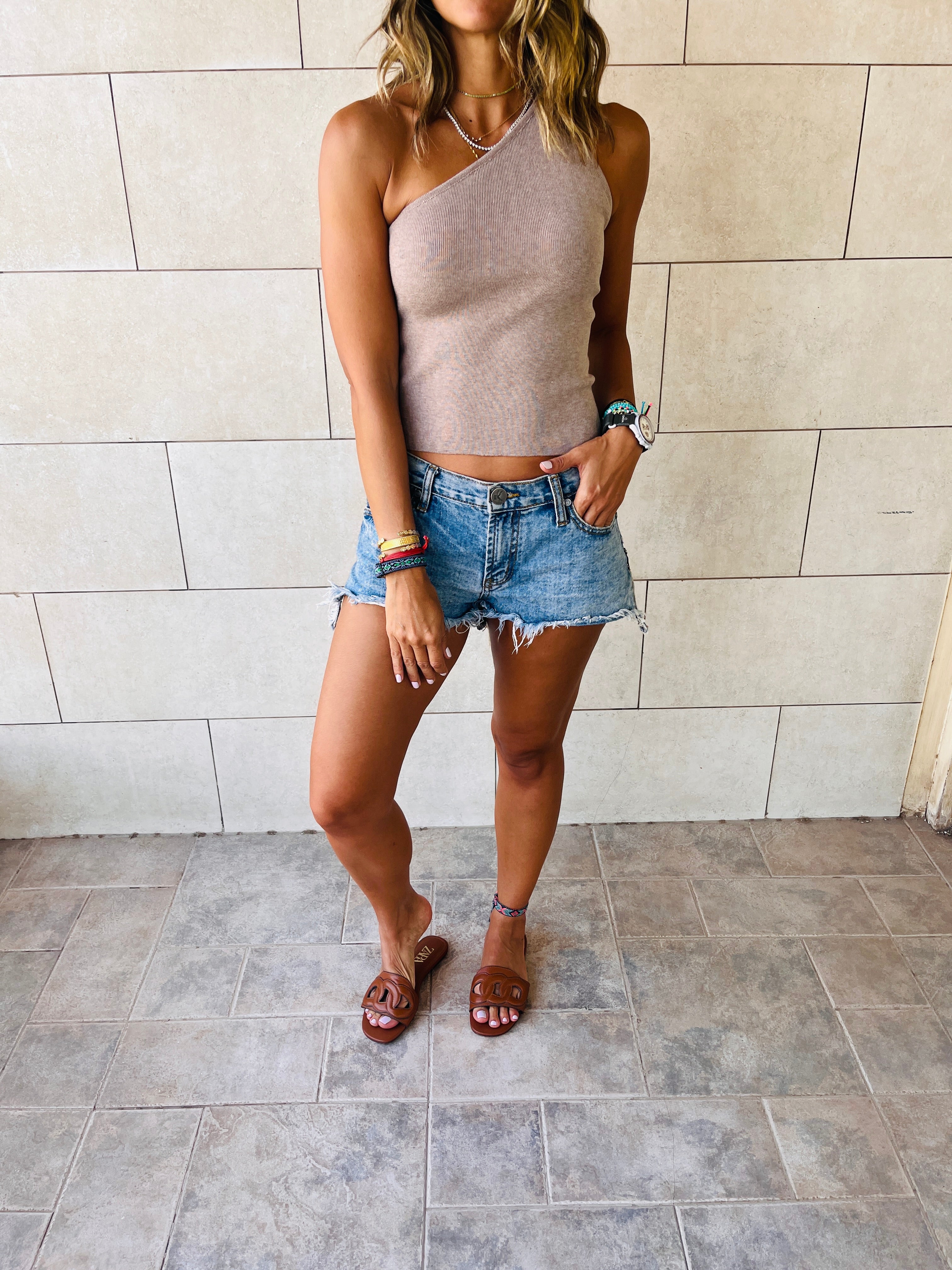 Taupe Simple Cool Off Shoulder Top
