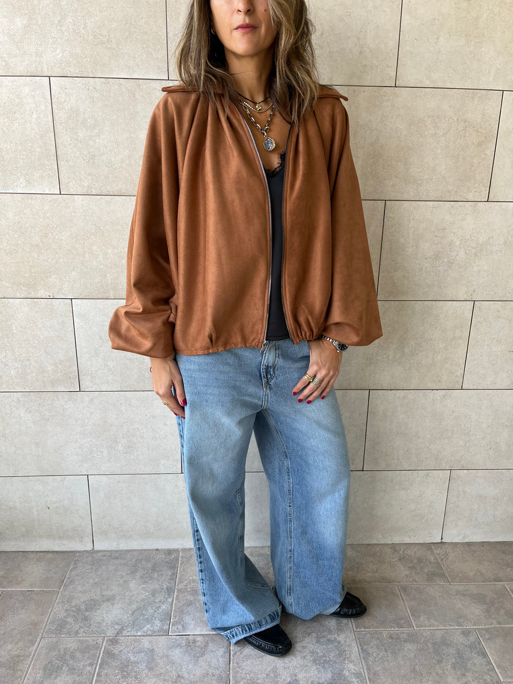 Camel Balloon Suede Jacket