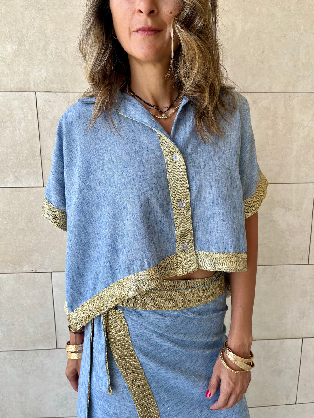Golden Blue Edge Cropped Shirt