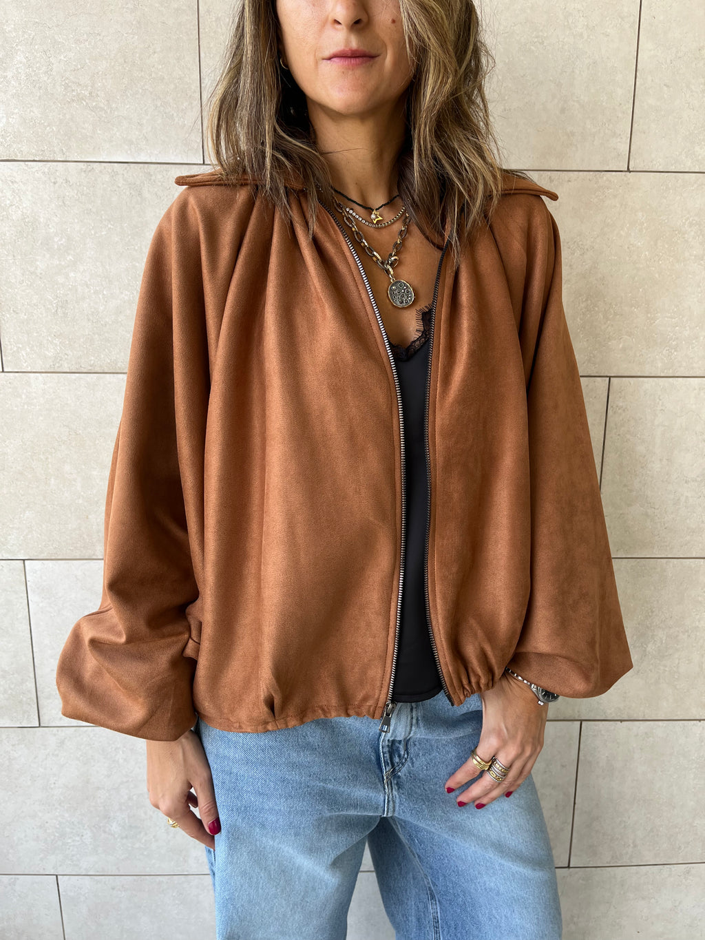 Camel Balloon Suede Jacket