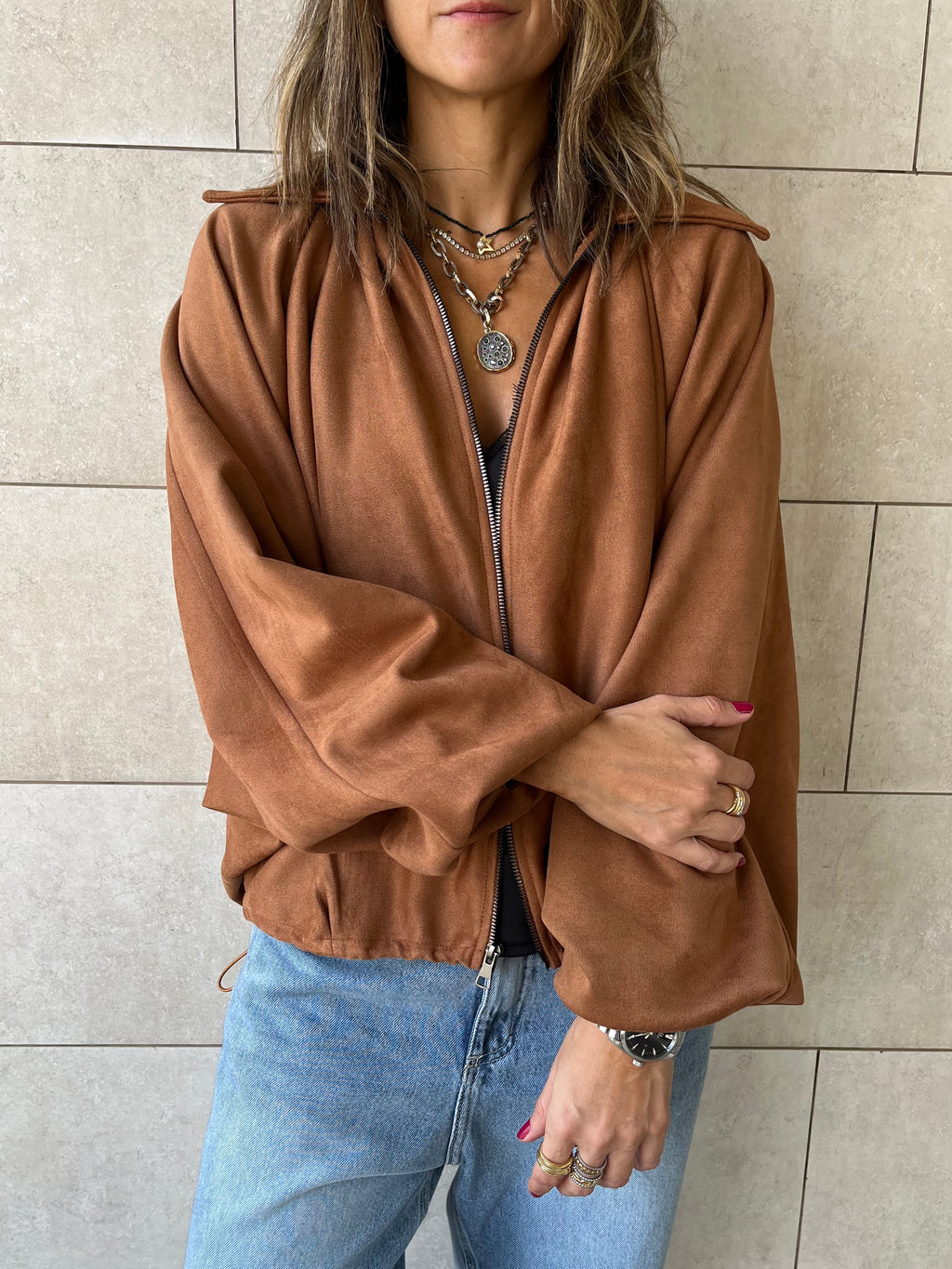 Camel Balloon Suede Jacket