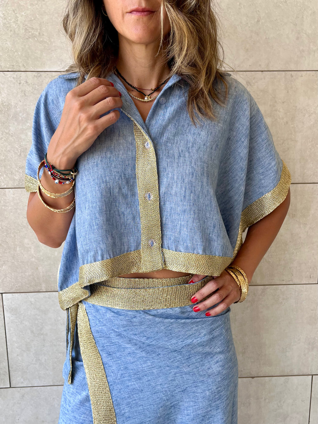 Golden Blue Edge Cropped Shirt