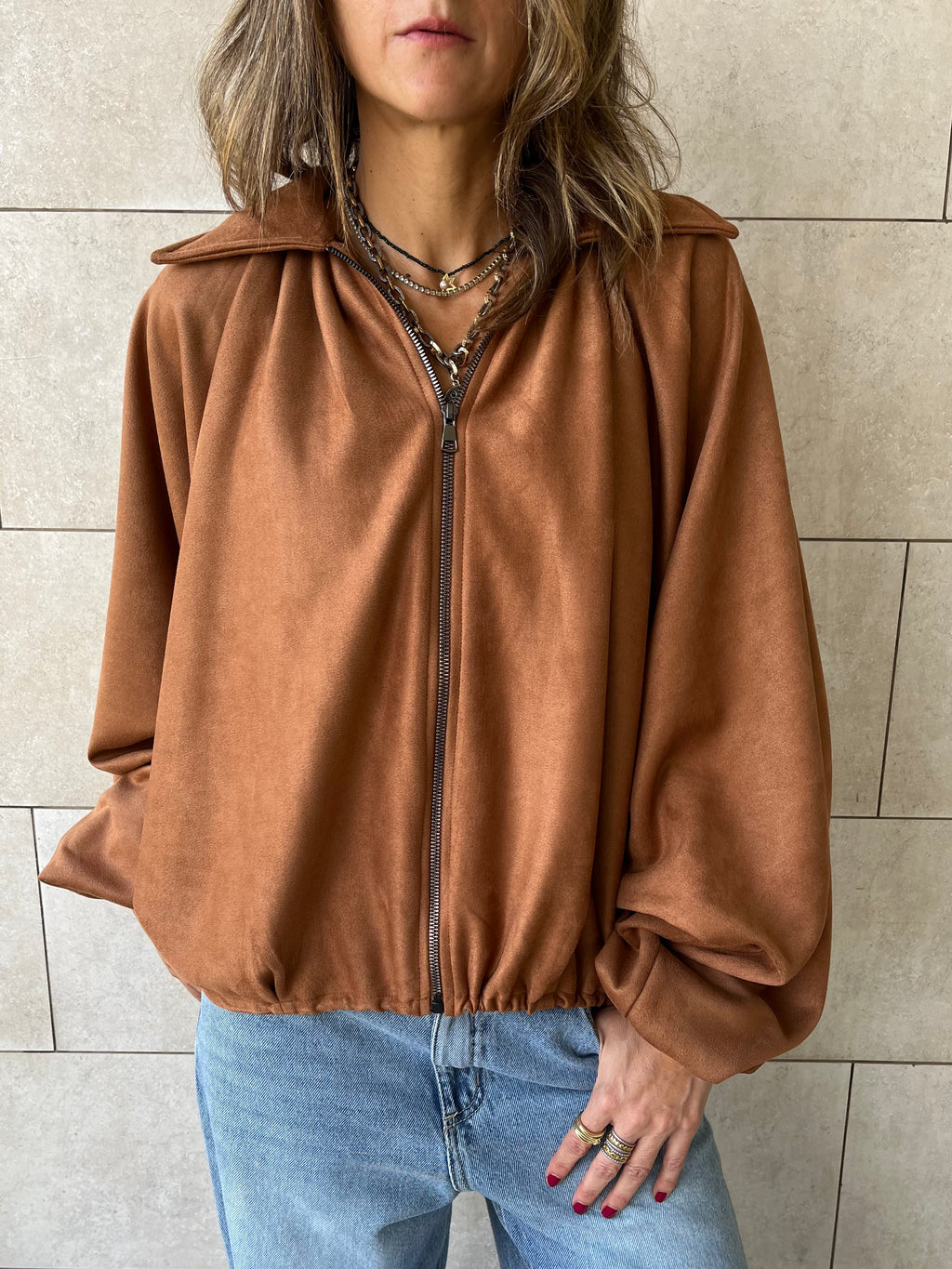 Camel Balloon Suede Jacket