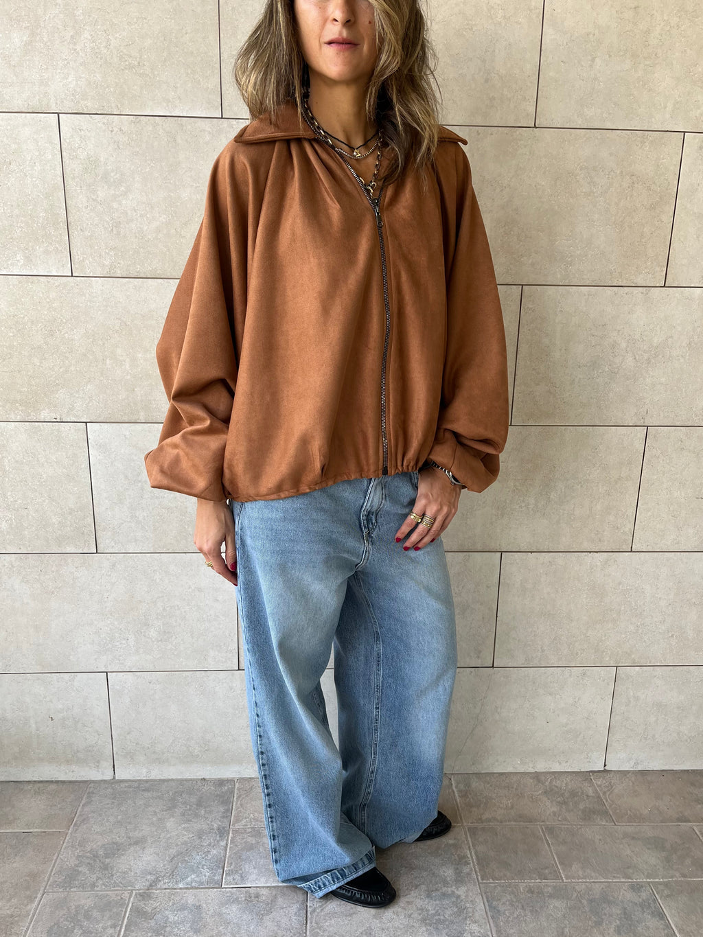 Camel Balloon Suede Jacket