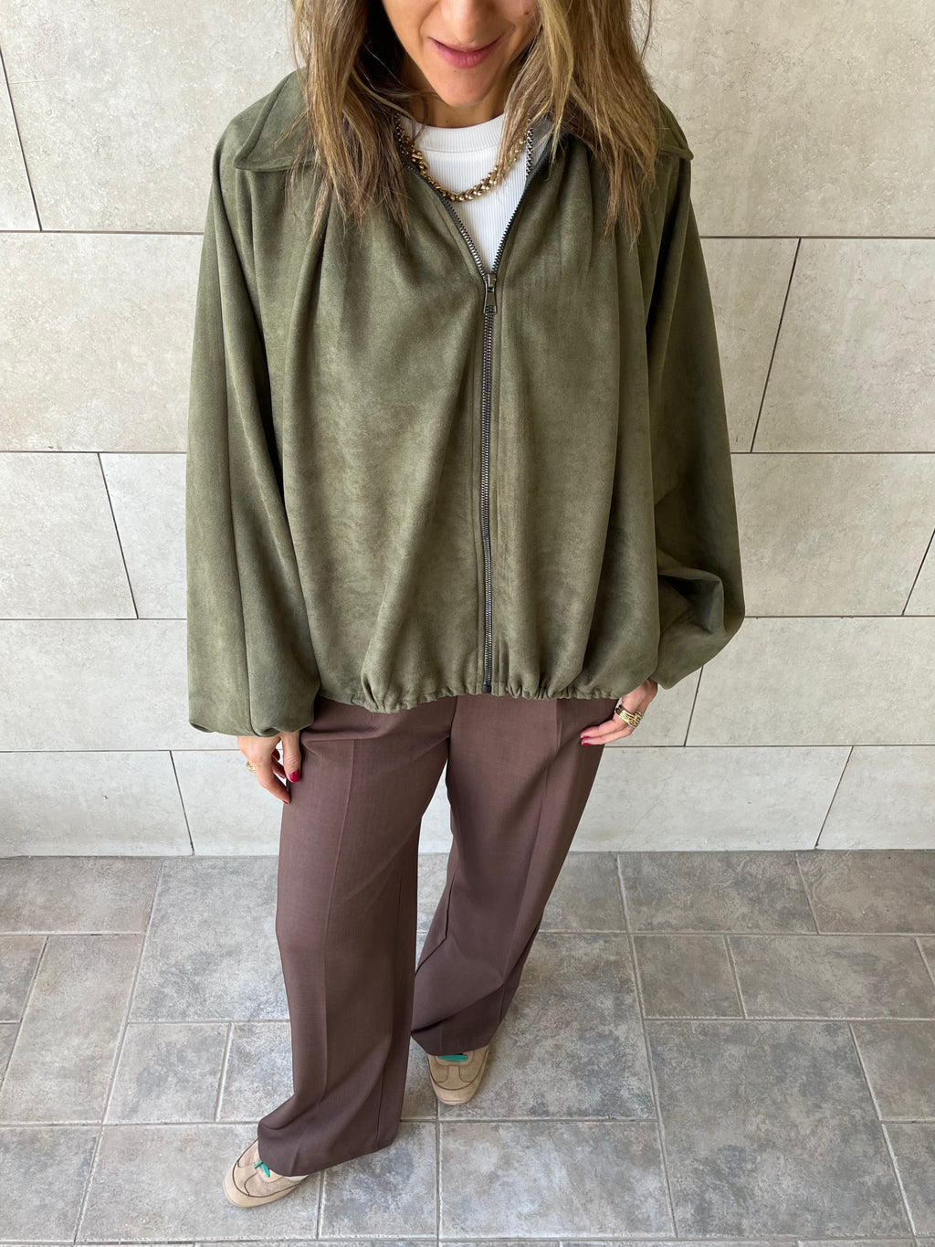 Olive Balloon Suede Jacket