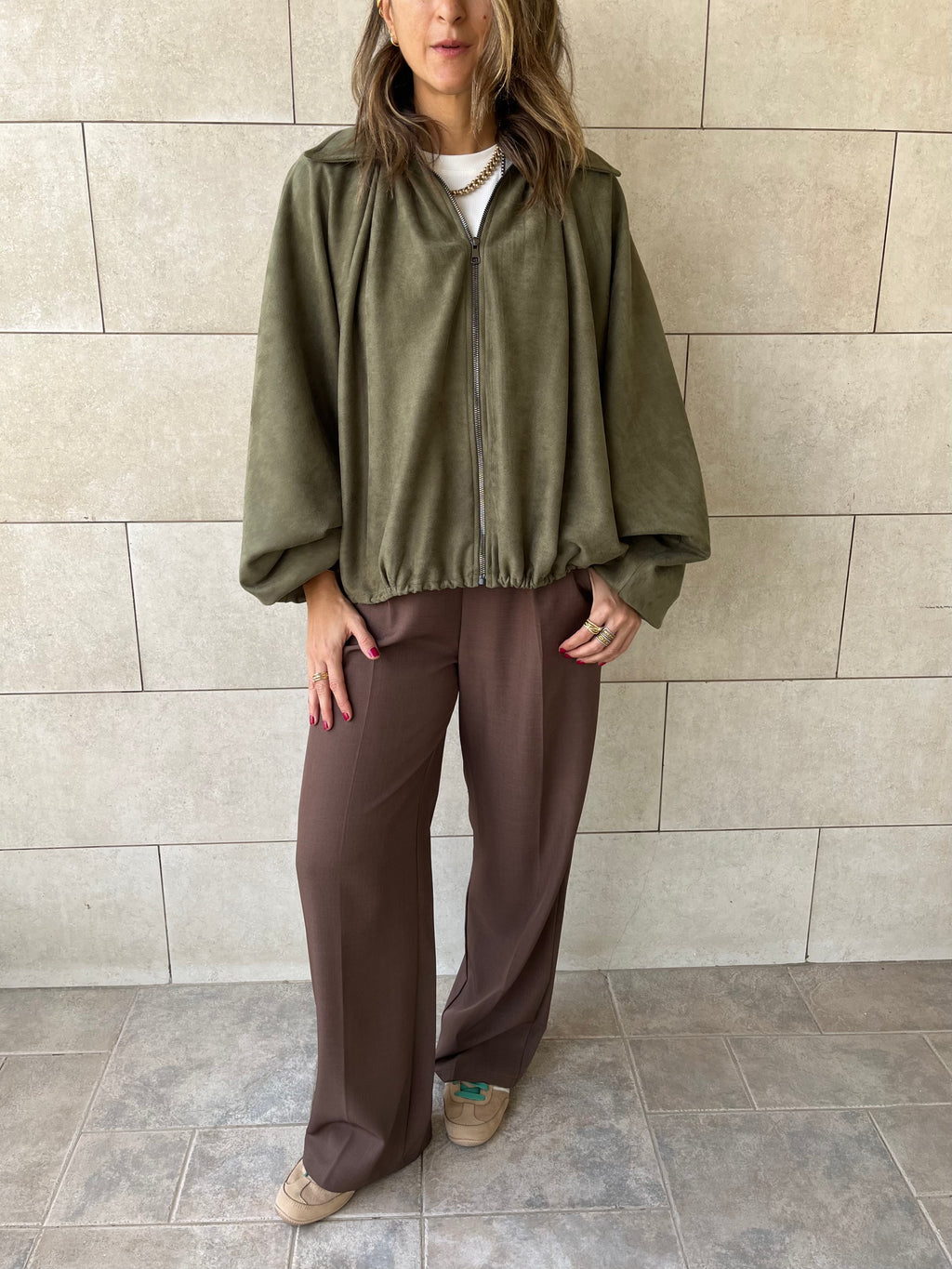 Olive Balloon Suede Jacket