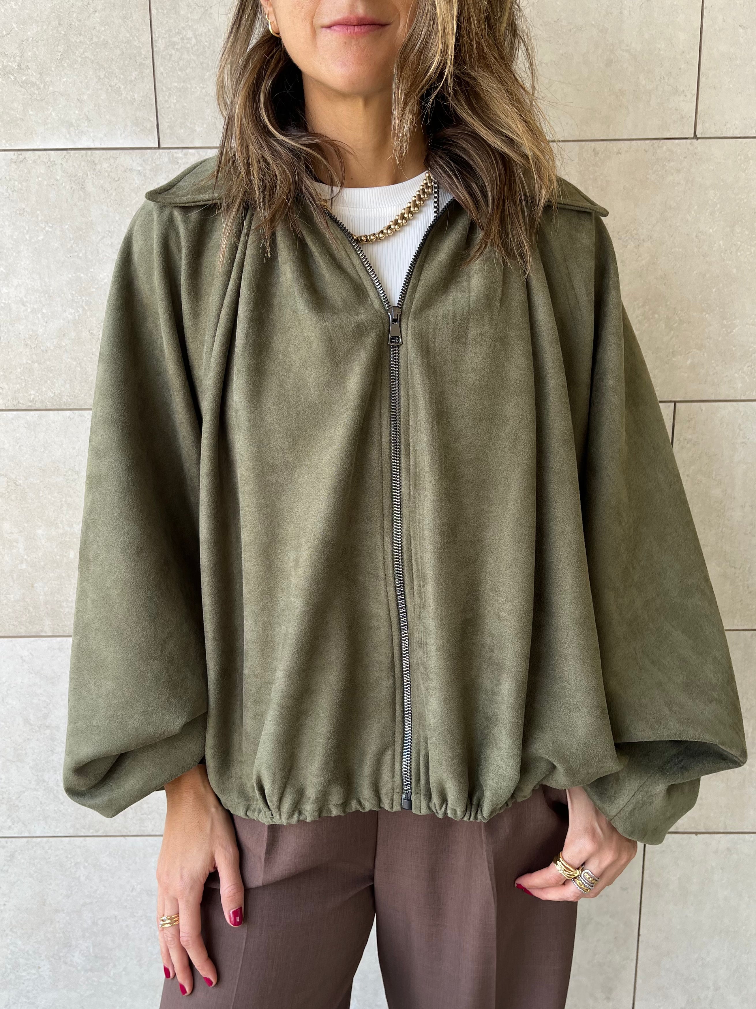 Olive Balloon Suede Jacket