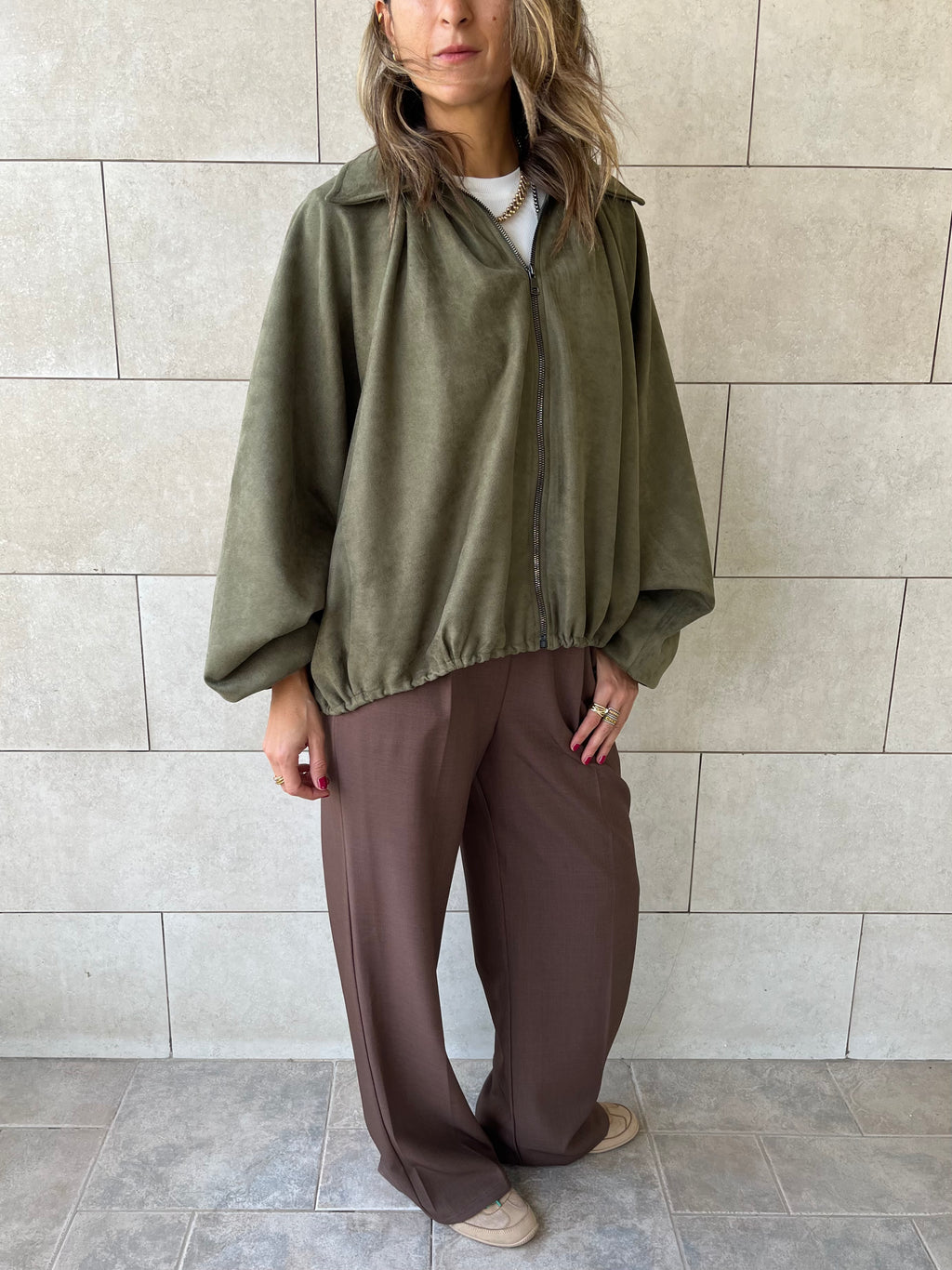Olive Balloon Suede Jacket