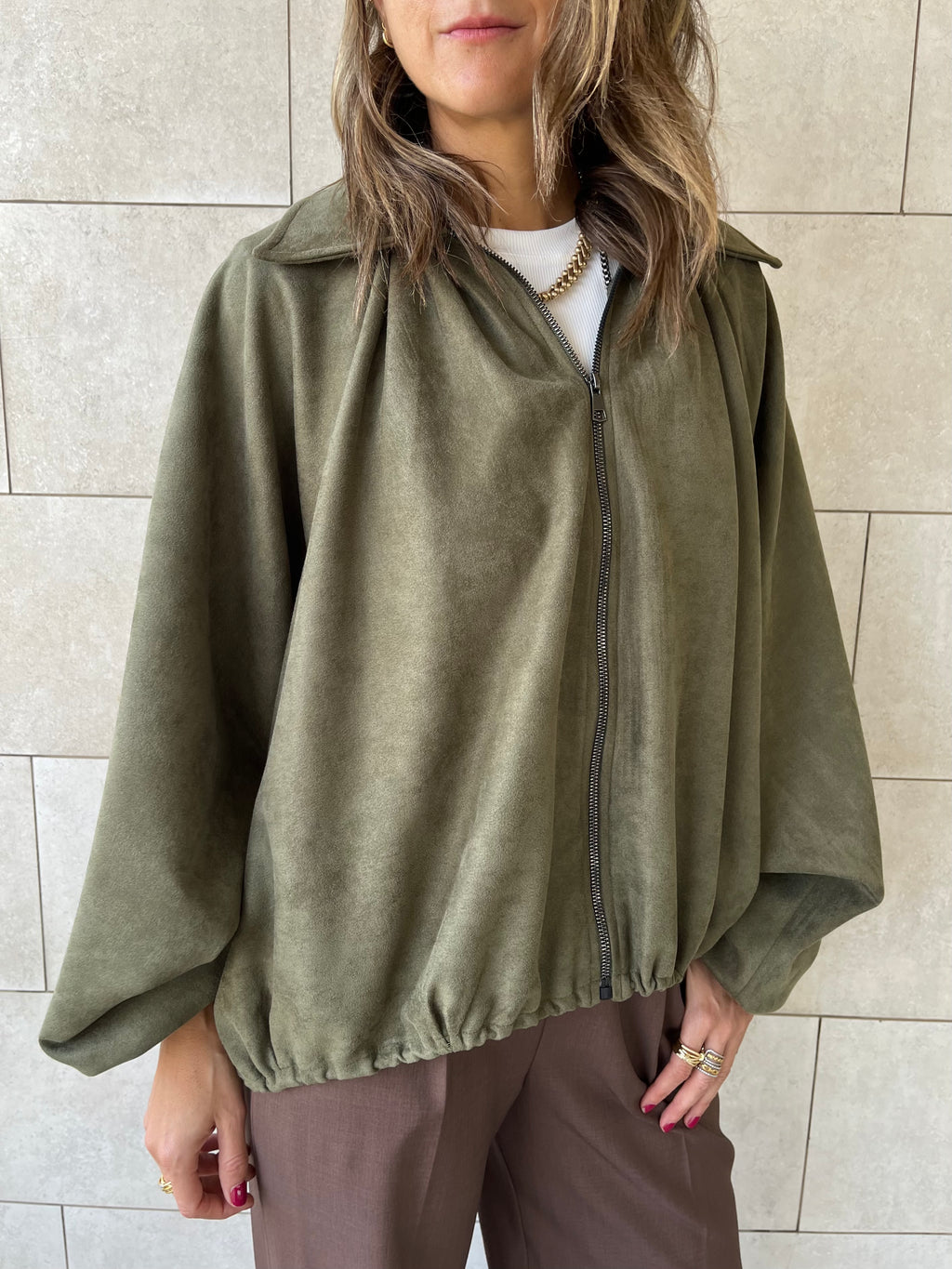 Olive Balloon Suede Jacket