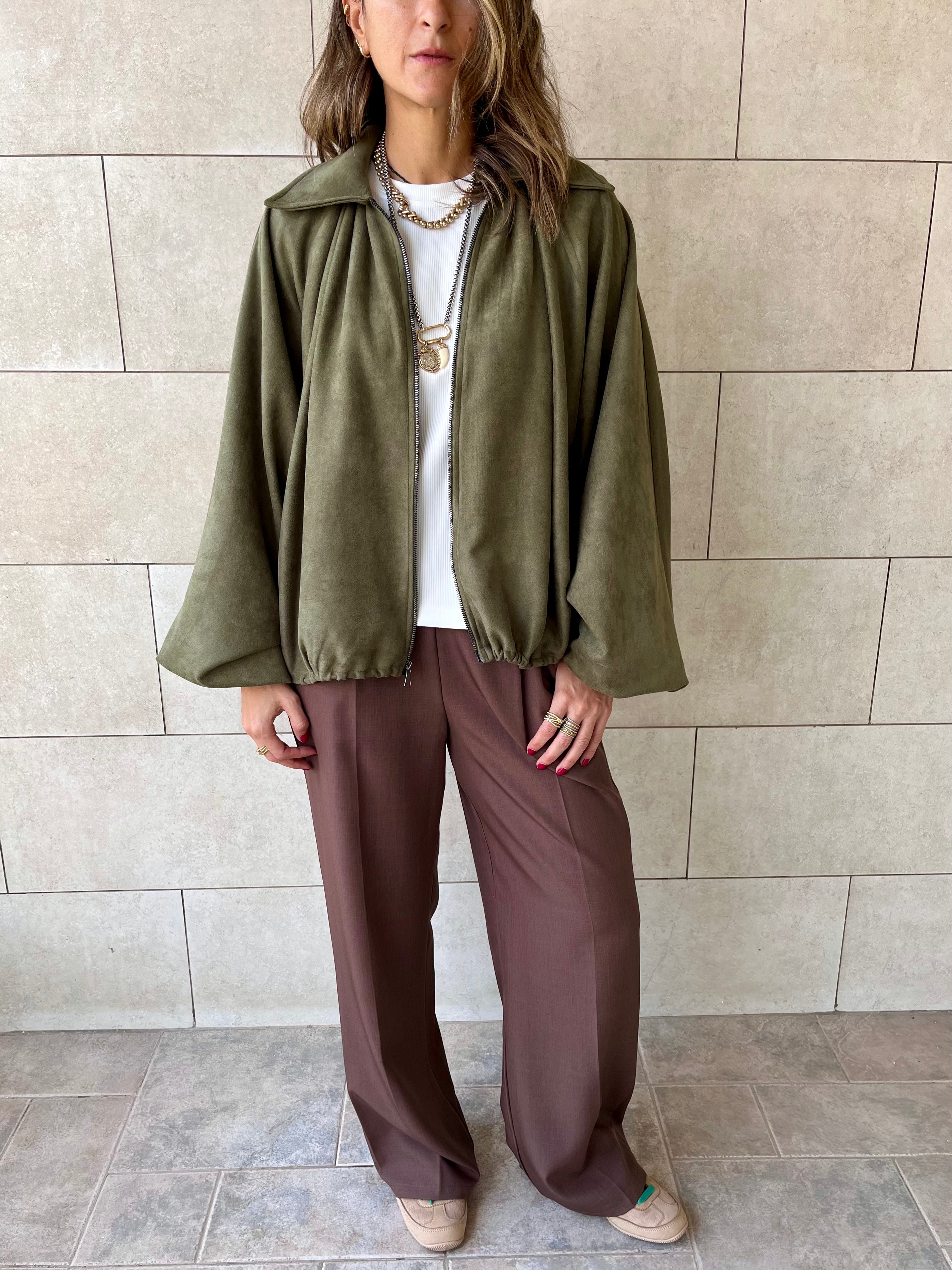 Olive Balloon Suede Jacket