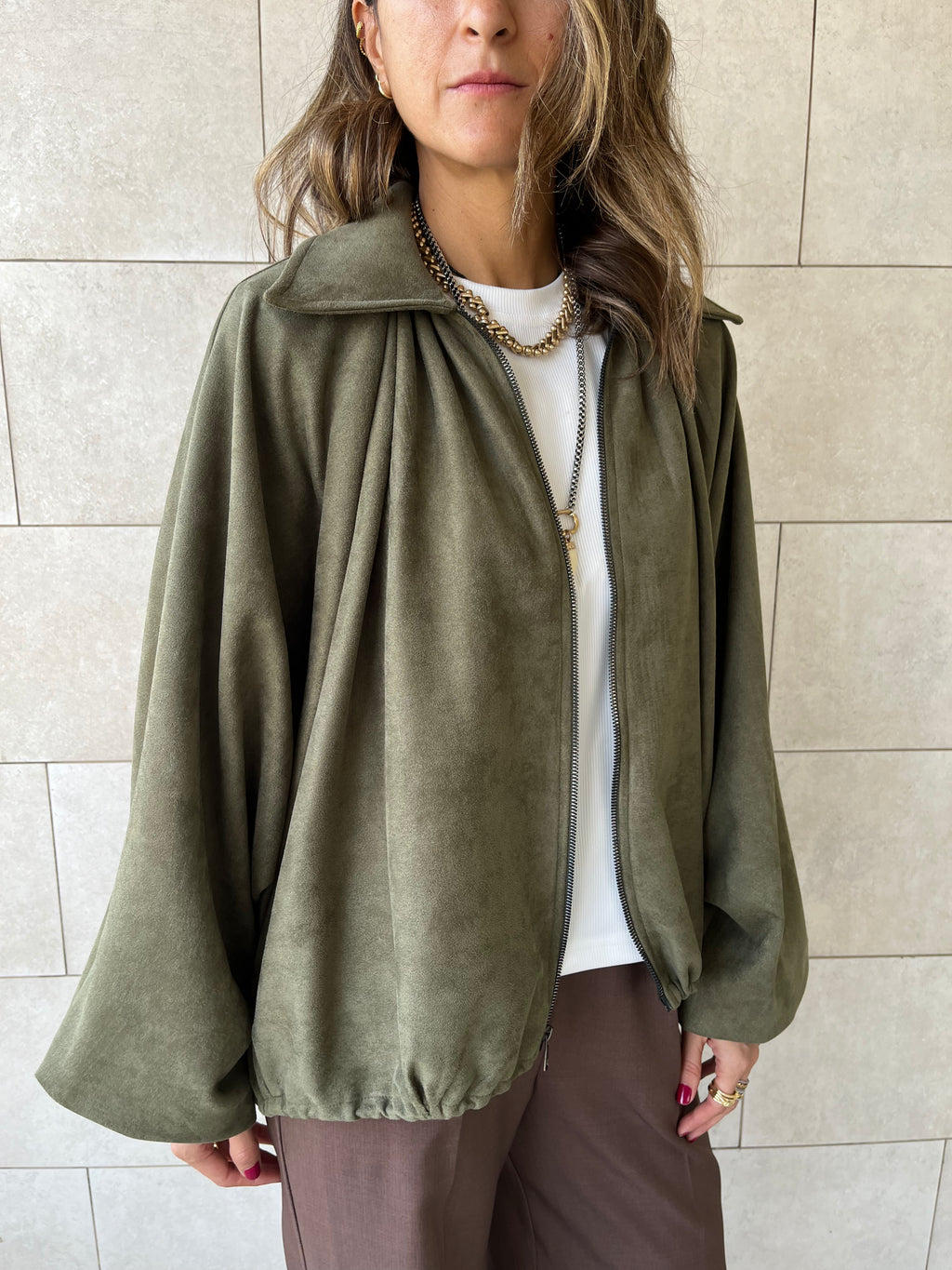 Olive Balloon Suede Jacket
