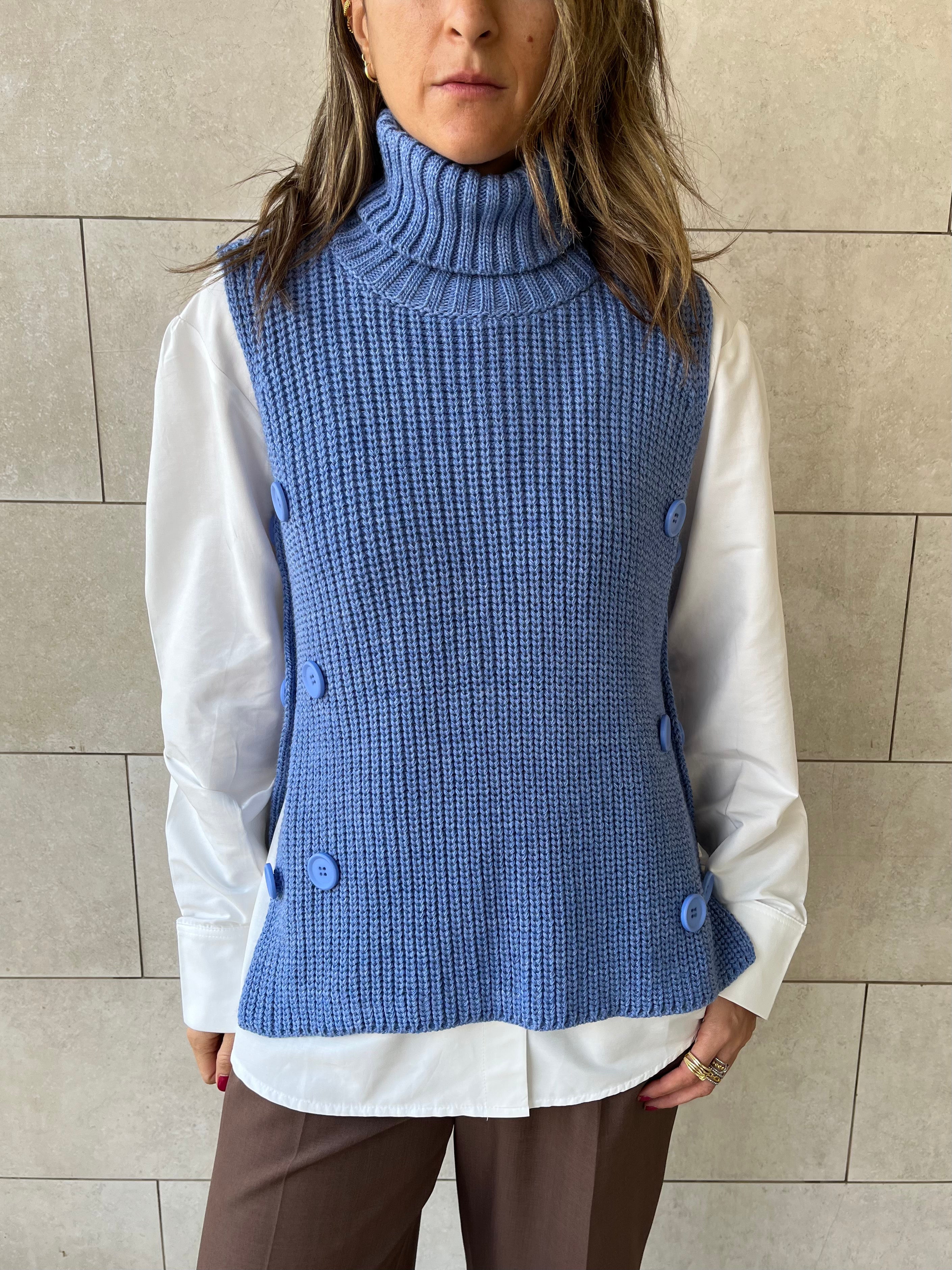Baby Blue High Neck Buttons Side Vest