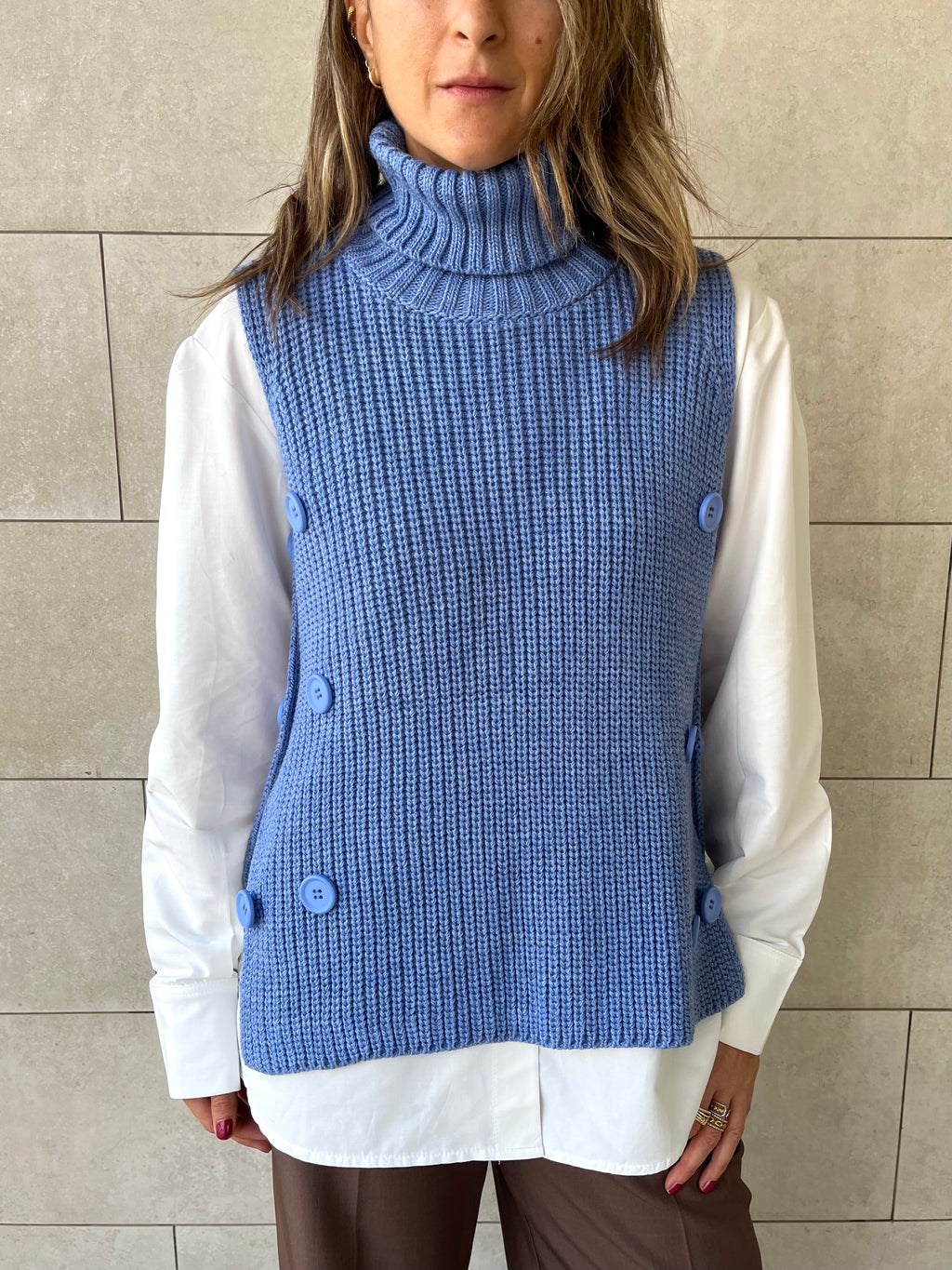 Baby Blue High Neck Buttons Side Vest