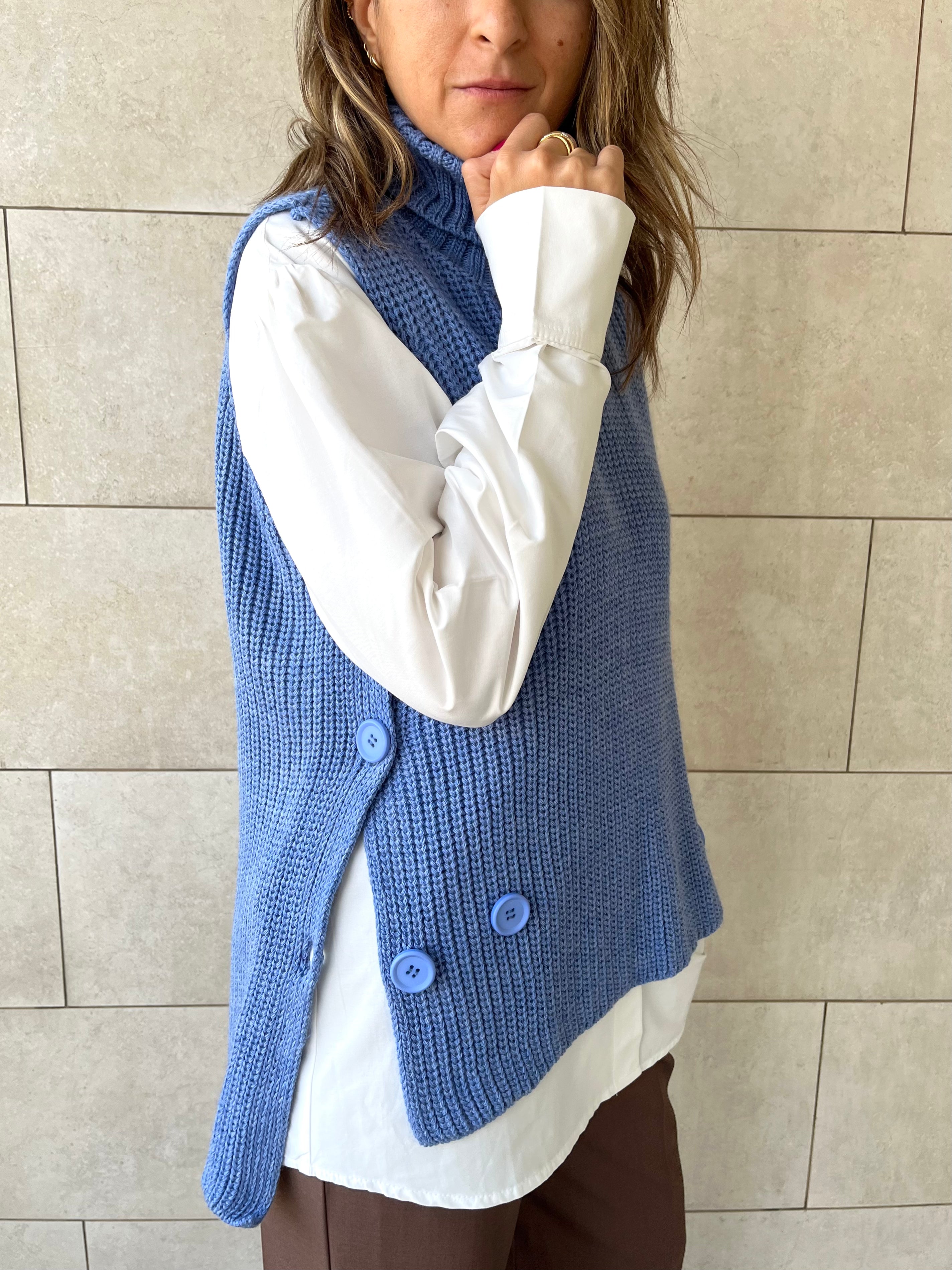 Baby Blue High Neck Buttons Side Vest
