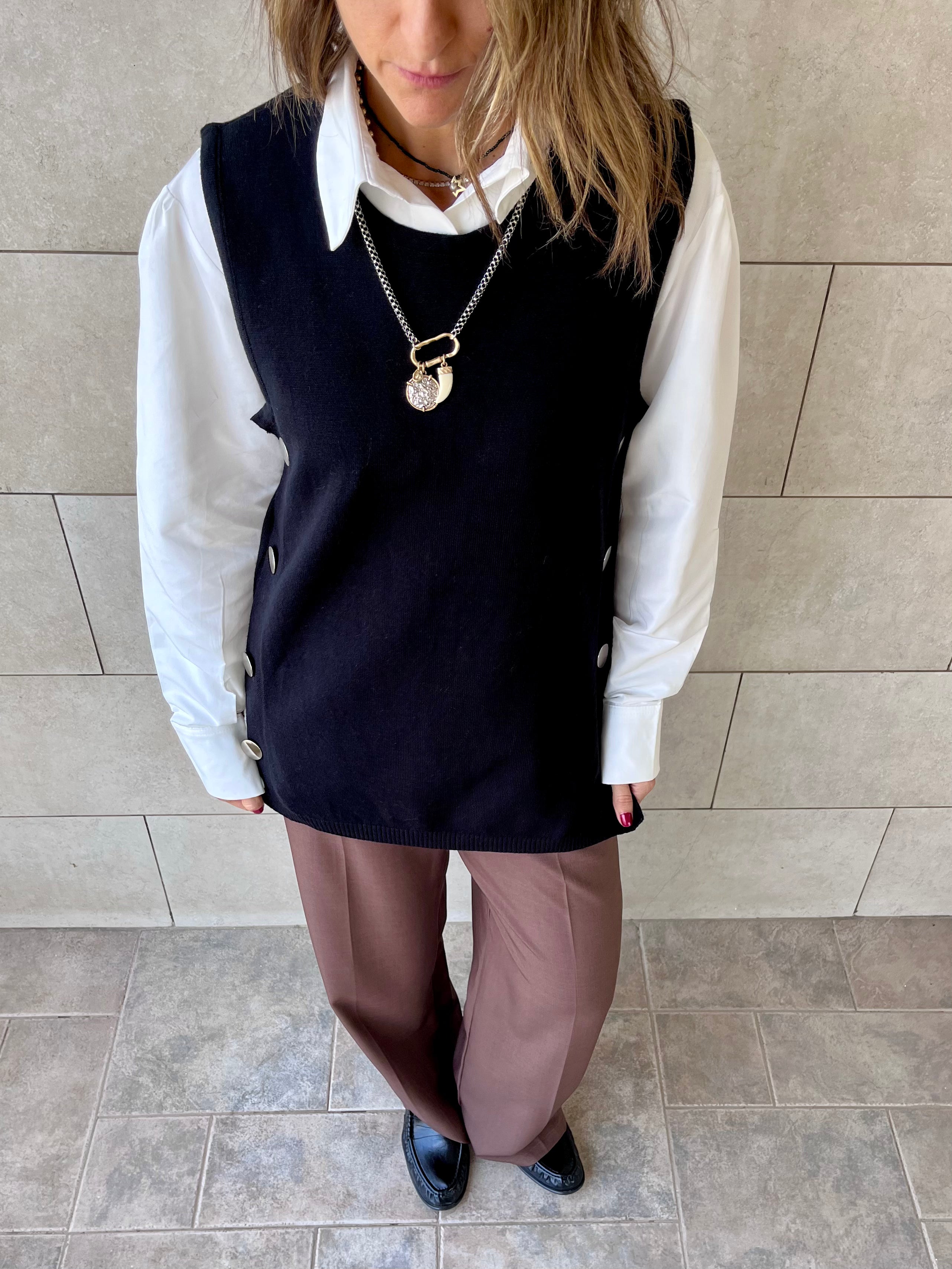 Black Silver Side Button Vest