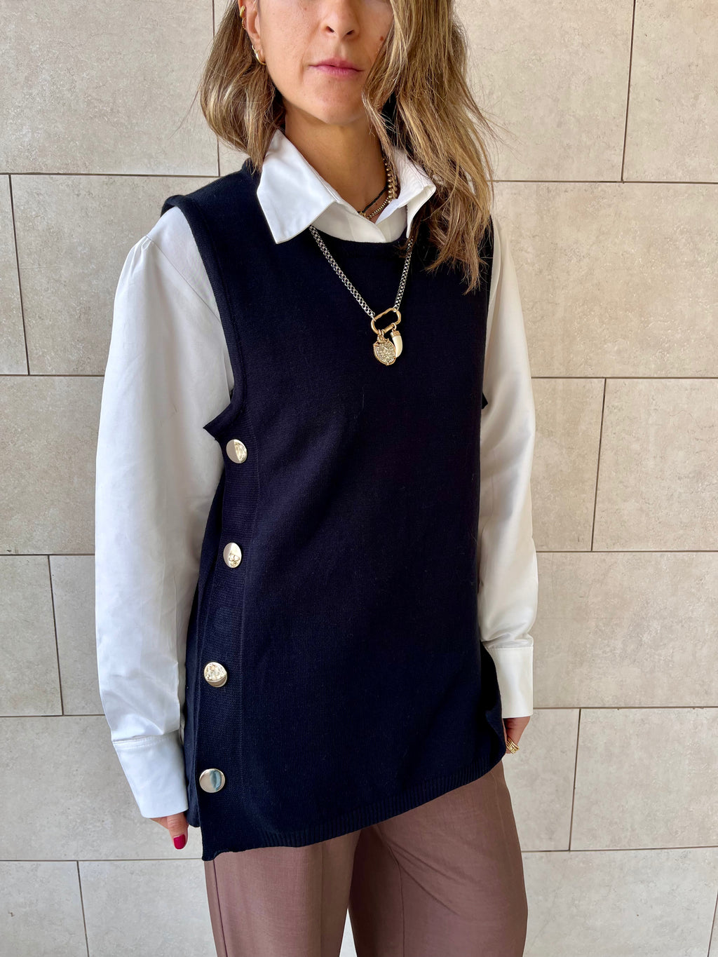 Black Silver Side Button Vest