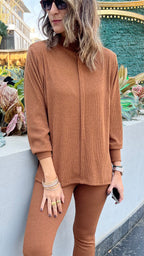 Camel High Low Middle Line Ribbed Top