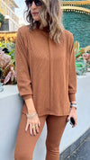 Camel High Low Middle Line Ribbed Top