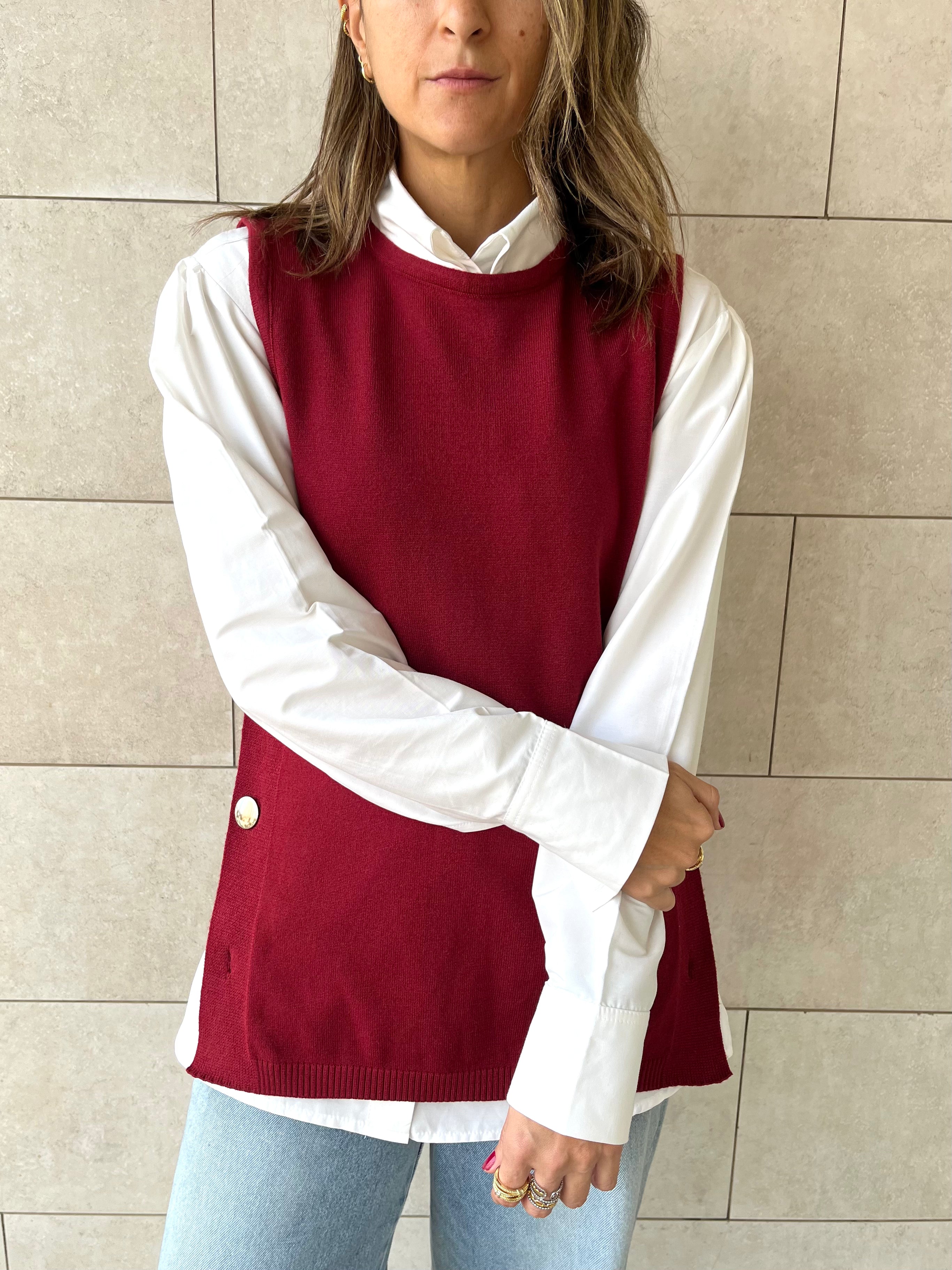 Burgundy Silver Side Button Vest