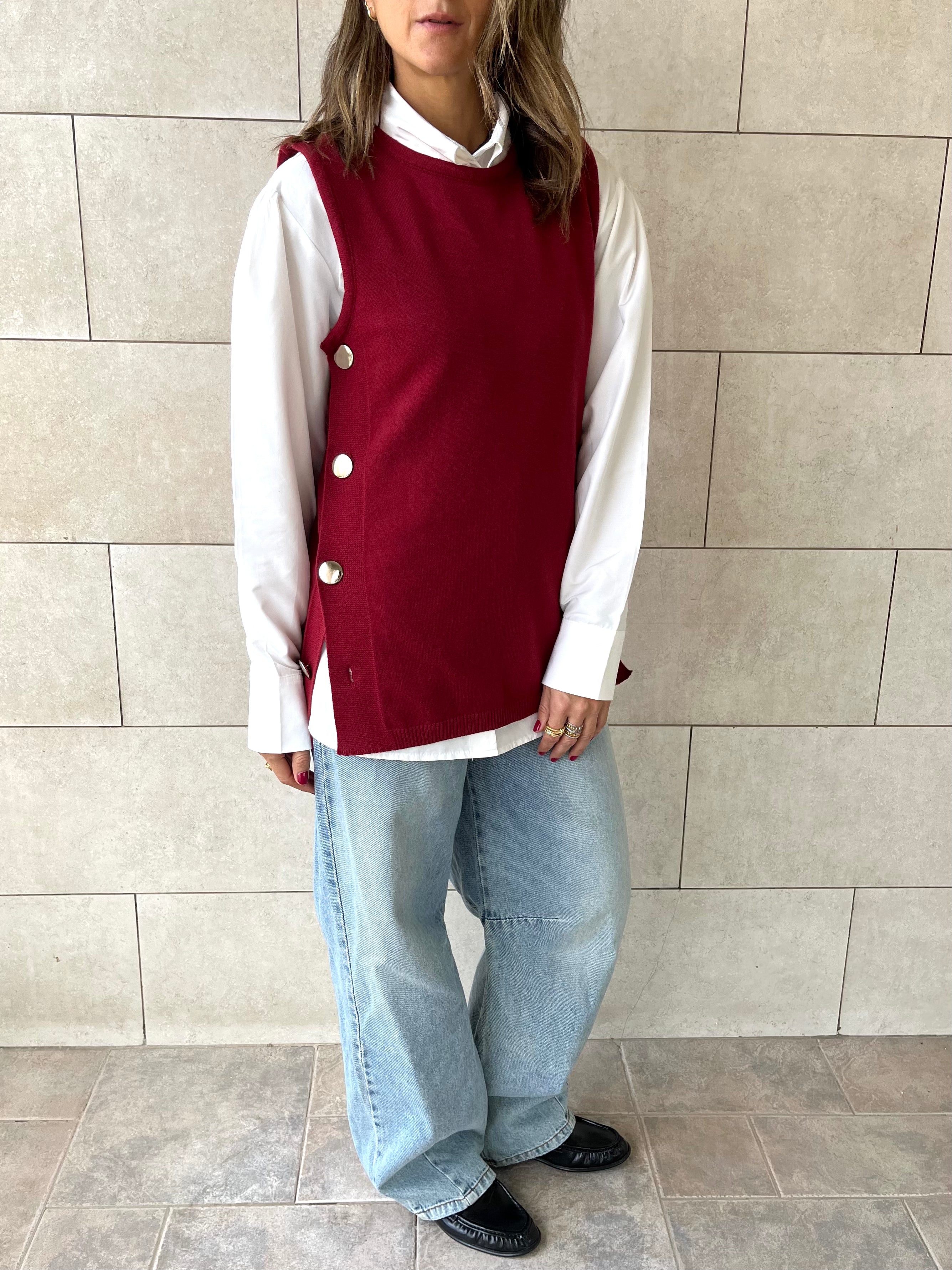 Burgundy Silver Side Button Vest