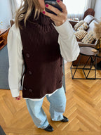 Brown High Neck Buttons Side Vest