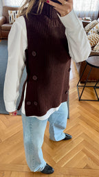 Brown High Neck Buttons Side Vest