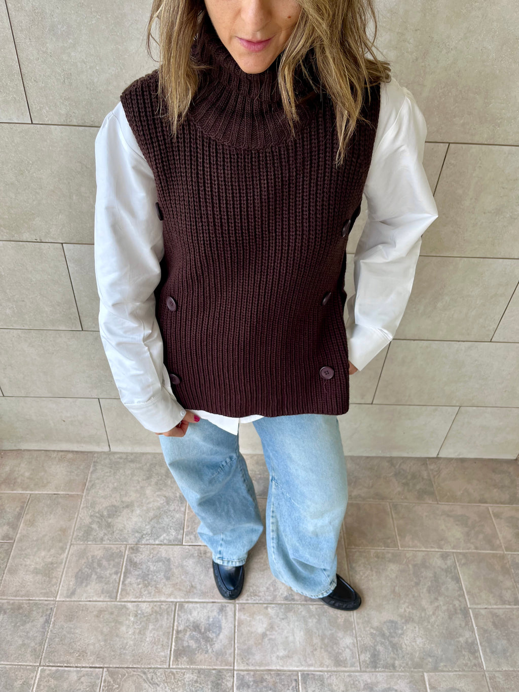 Brown High Neck Buttons Side Vest