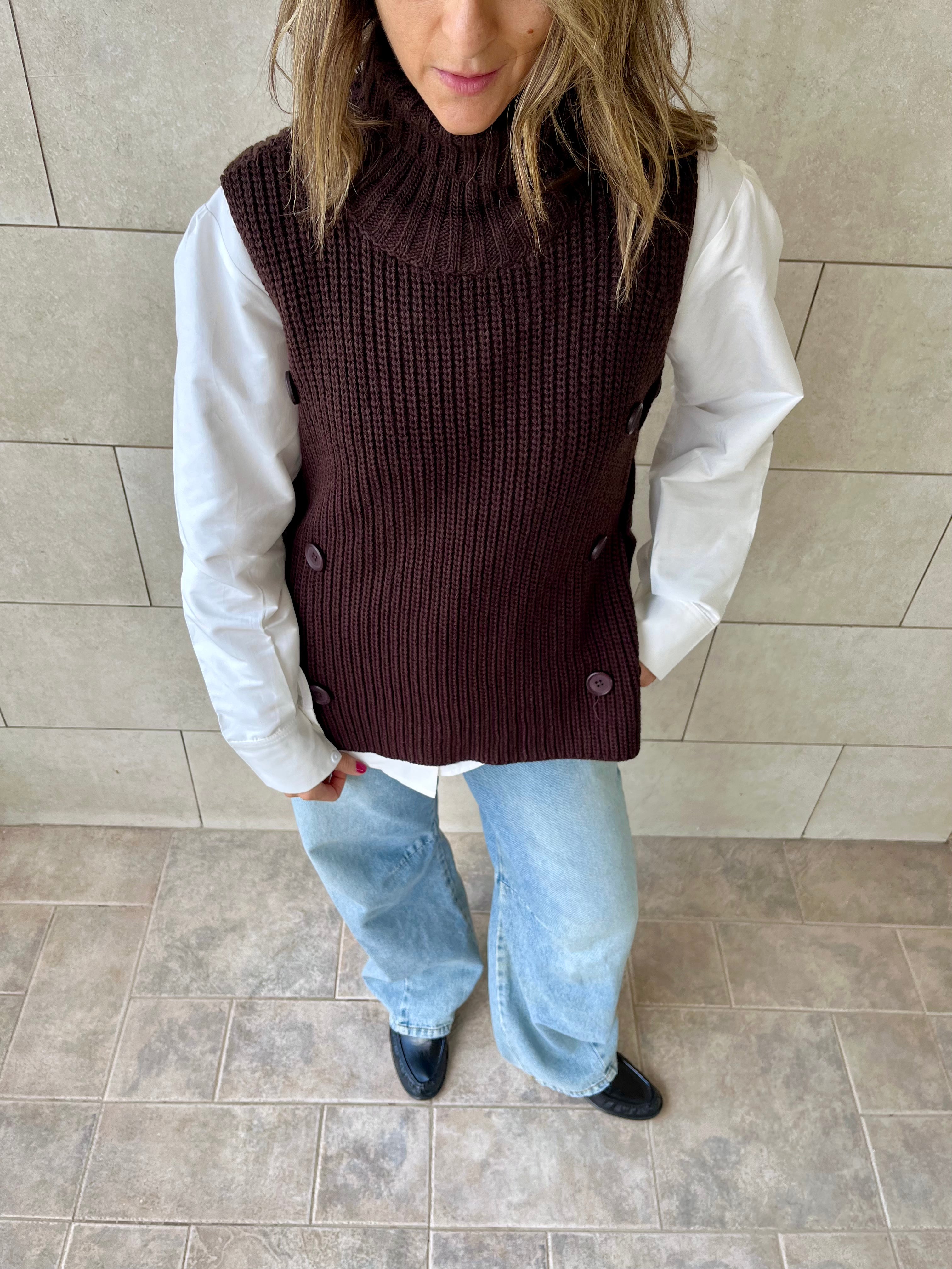 Brown High Neck Buttons Side Vest