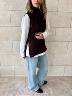 Brown High Neck Buttons Side Vest