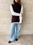 Brown High Neck Buttons Side Vest