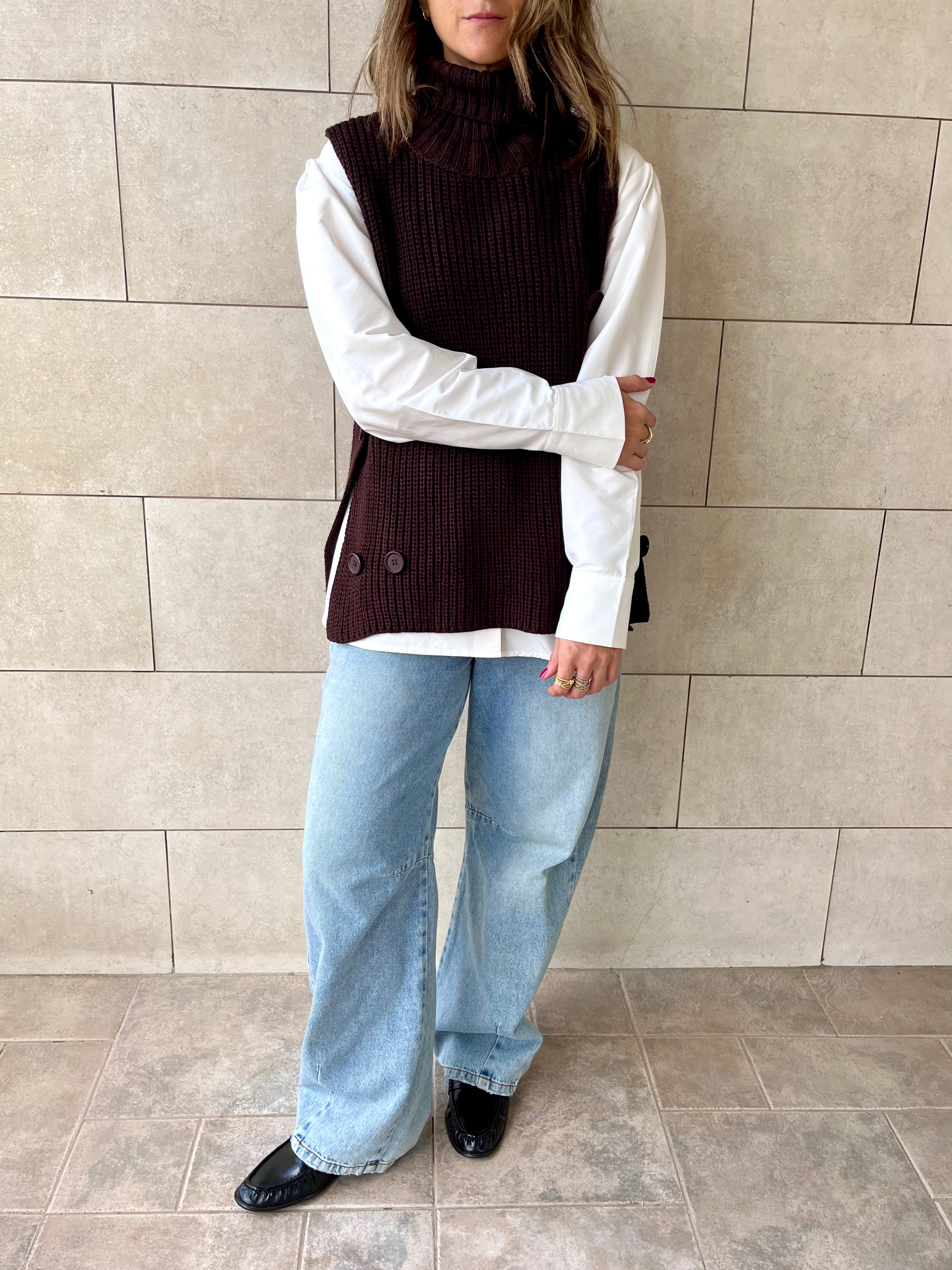 Brown High Neck Buttons Side Vest