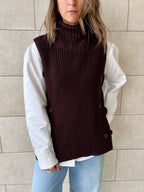 Brown High Neck Buttons Side Vest