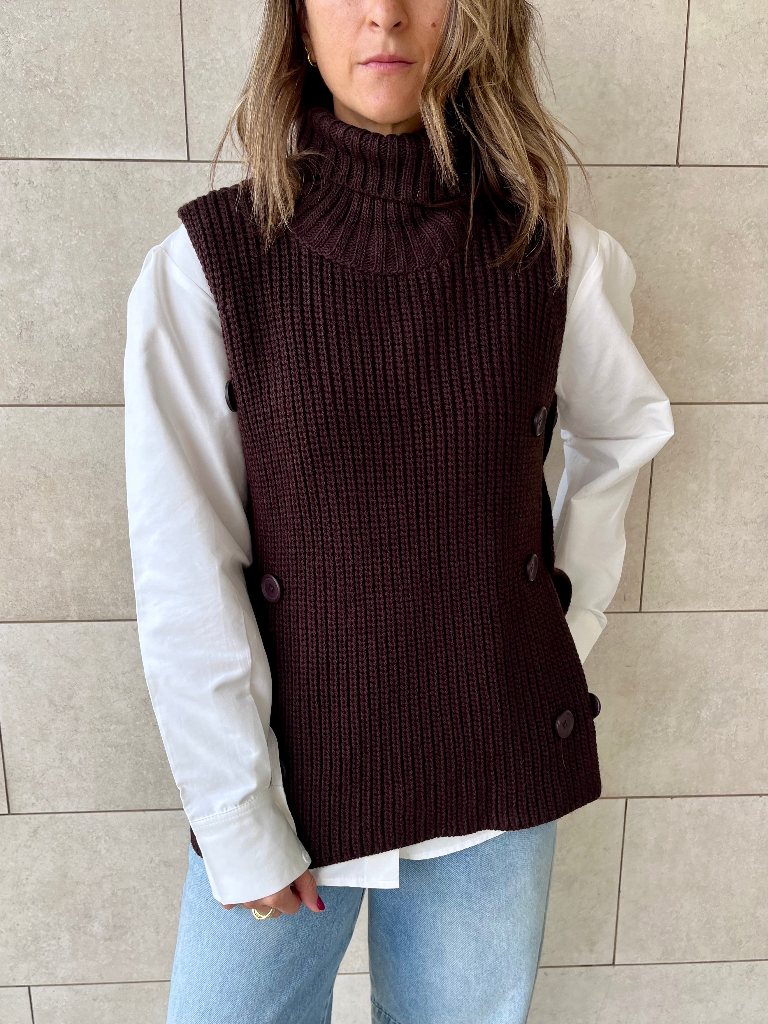 Brown High Neck Buttons Side Vest