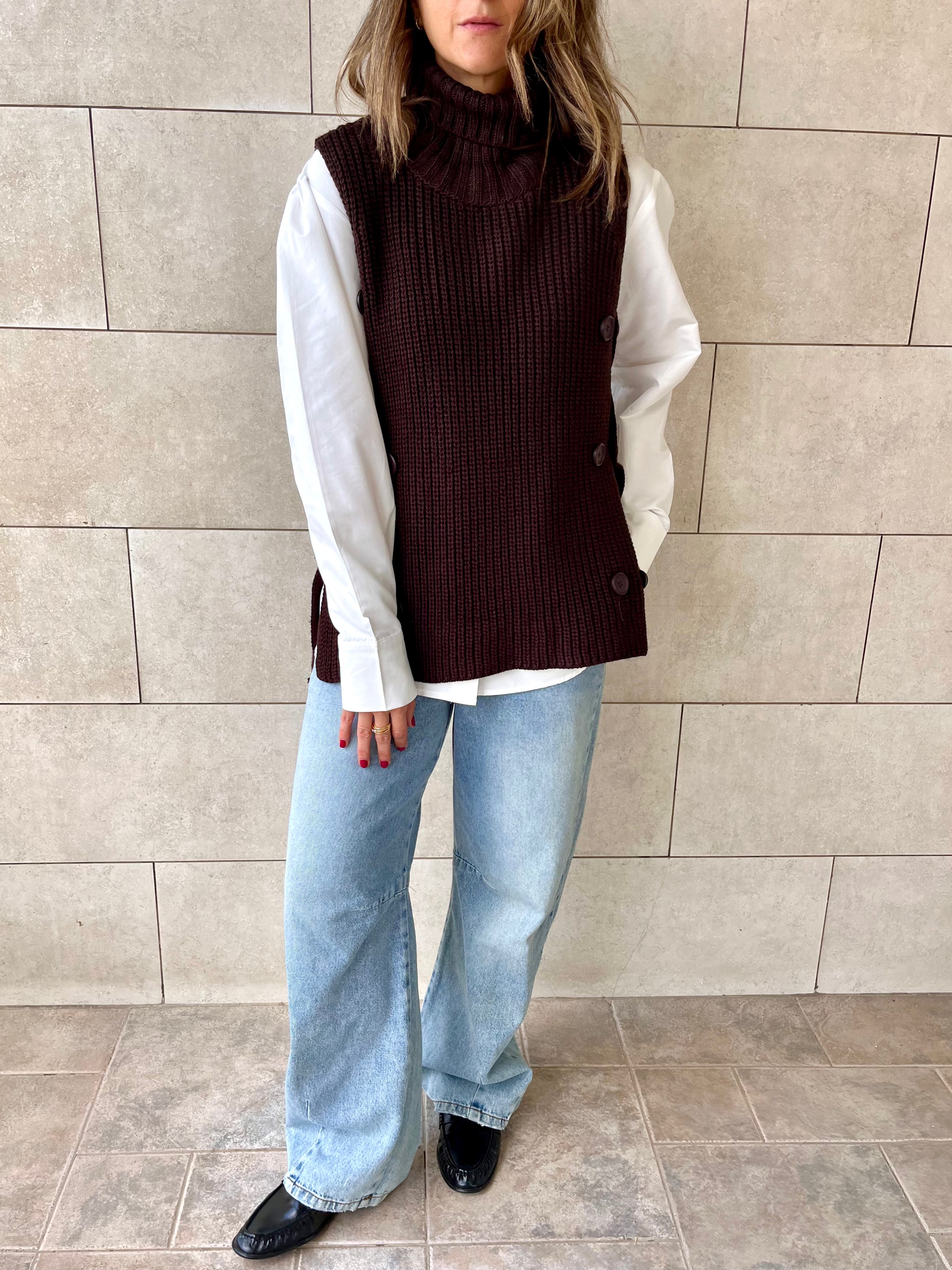 Brown High Neck Buttons Side Vest