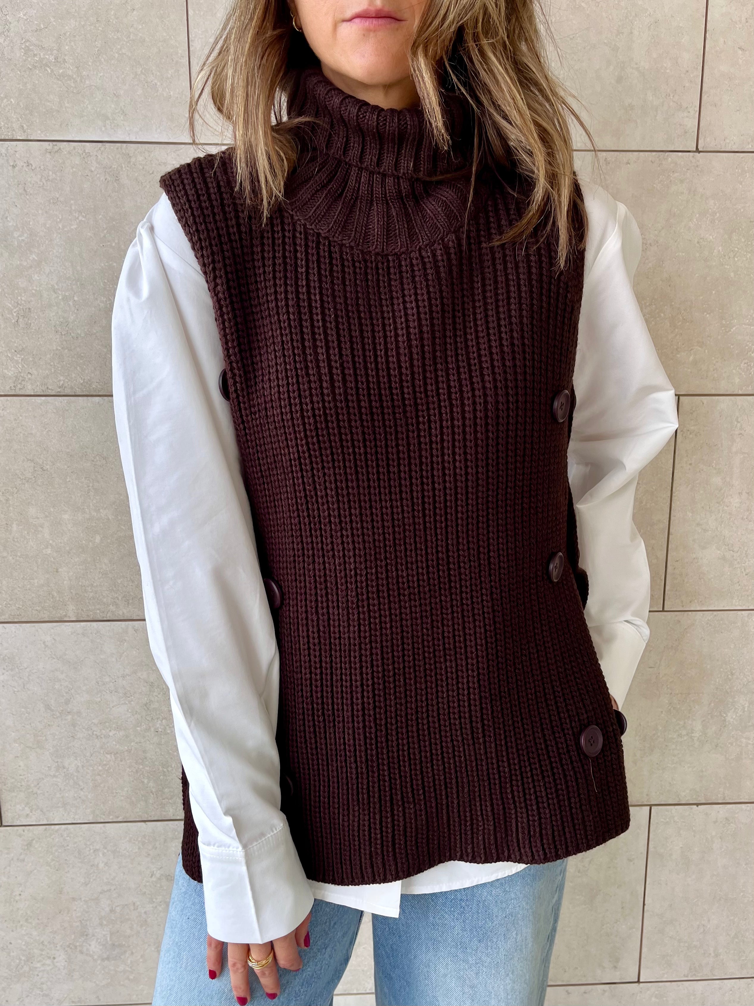 Brown High Neck Buttons Side Vest
