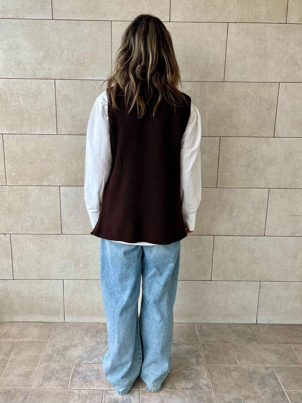 Brown High Neck Buttons Side Vest