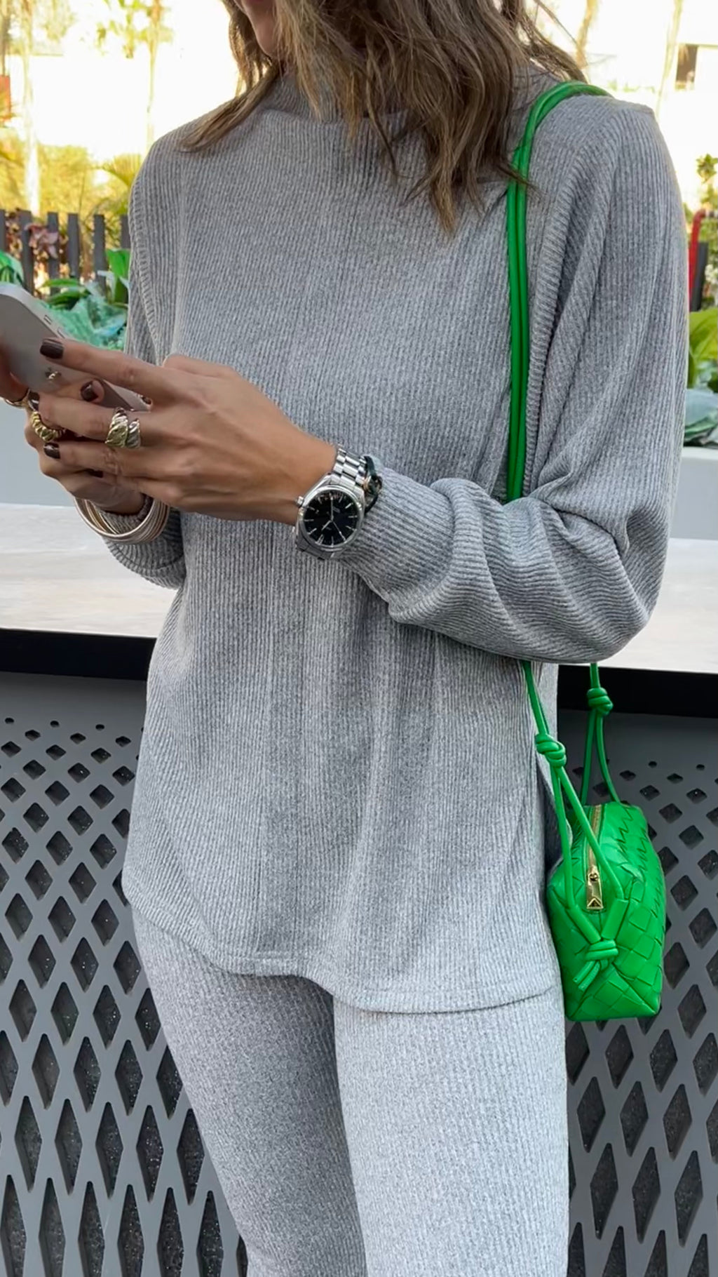 Grey High Low Middle Line Ribbed Top