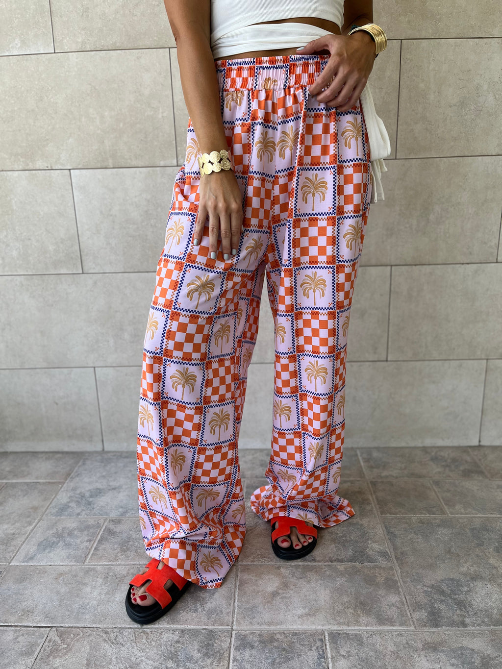 Checkered Palms Printed Pants