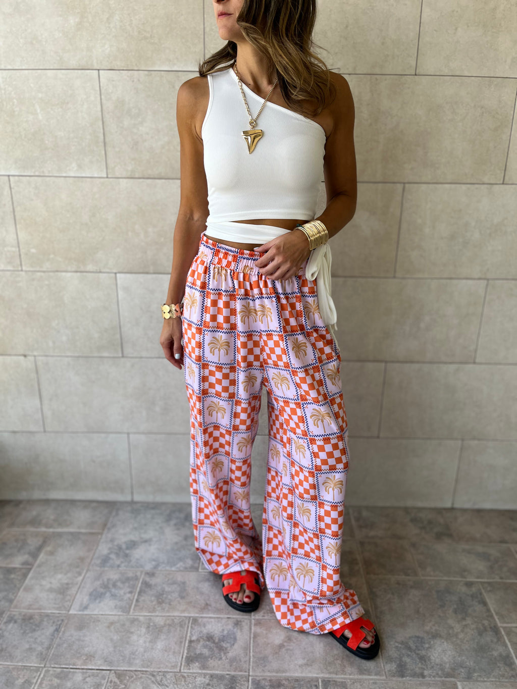 Checkered Palms Printed Pants