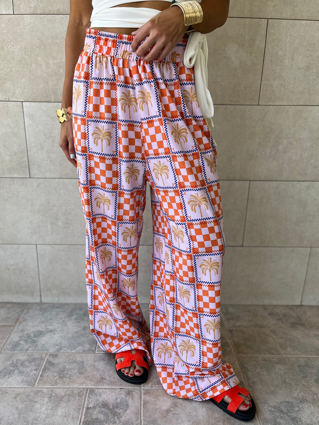 Checkered Palms Printed Pants