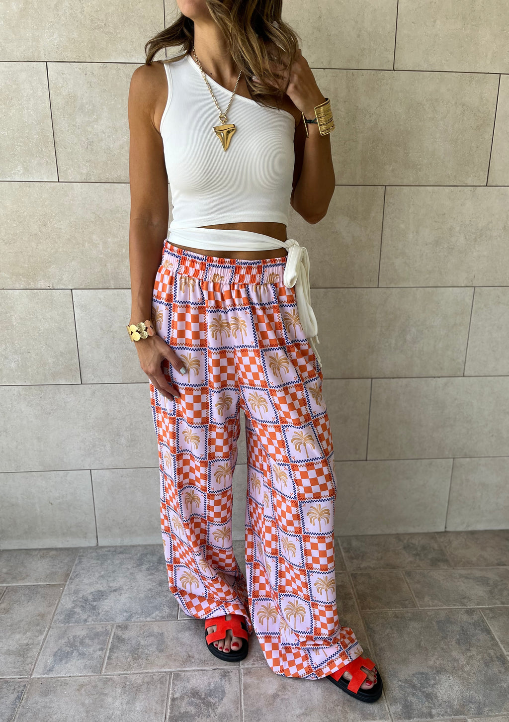 Checkered Palms Printed Pants