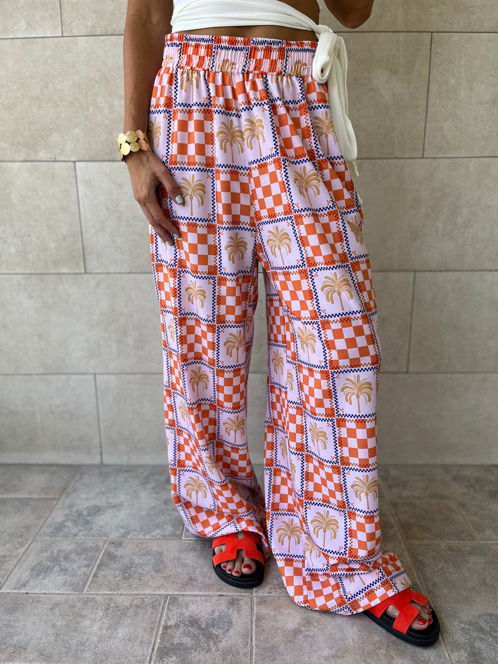 Checkered Palms Printed Pants