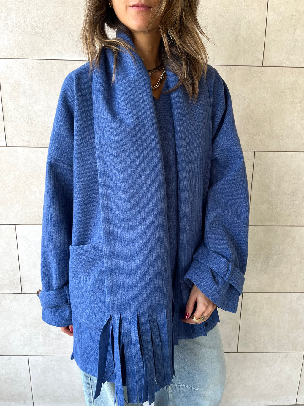 Blue fringe Scarf Poncho