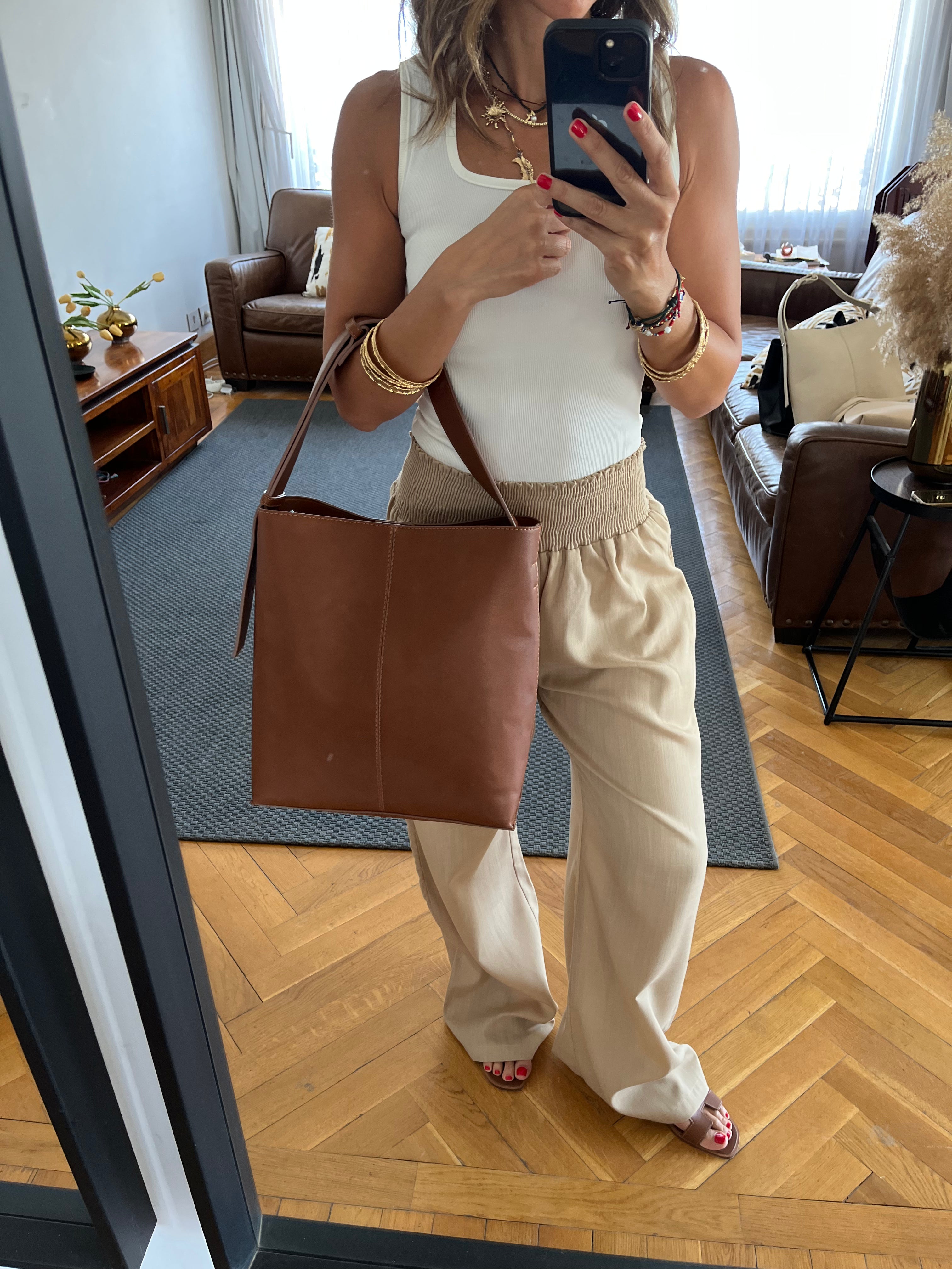 Beige Elastic Boho Pants