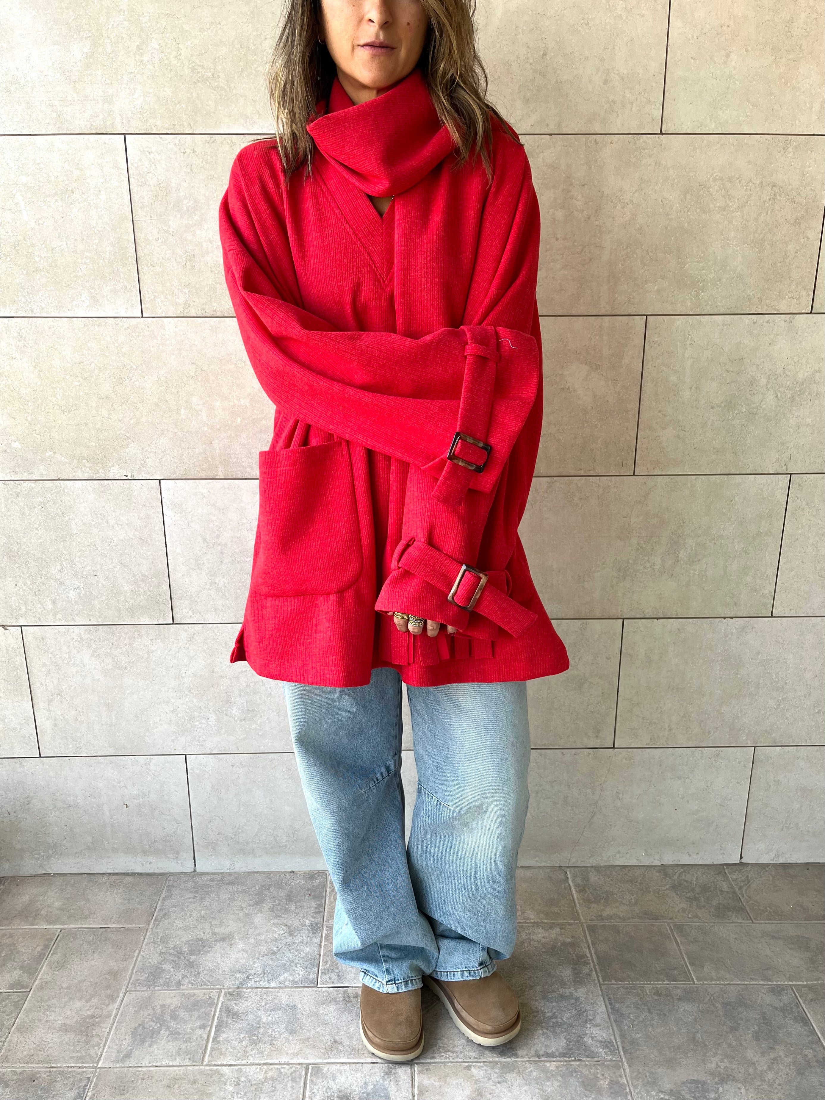 Red fringe Scarf Poncho