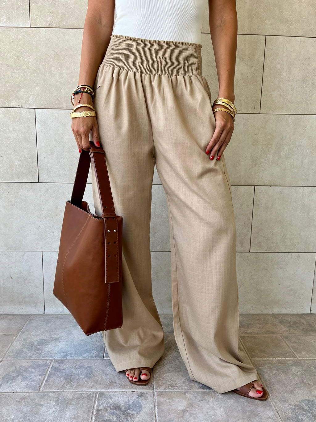 Beige Elastic Boho Pants