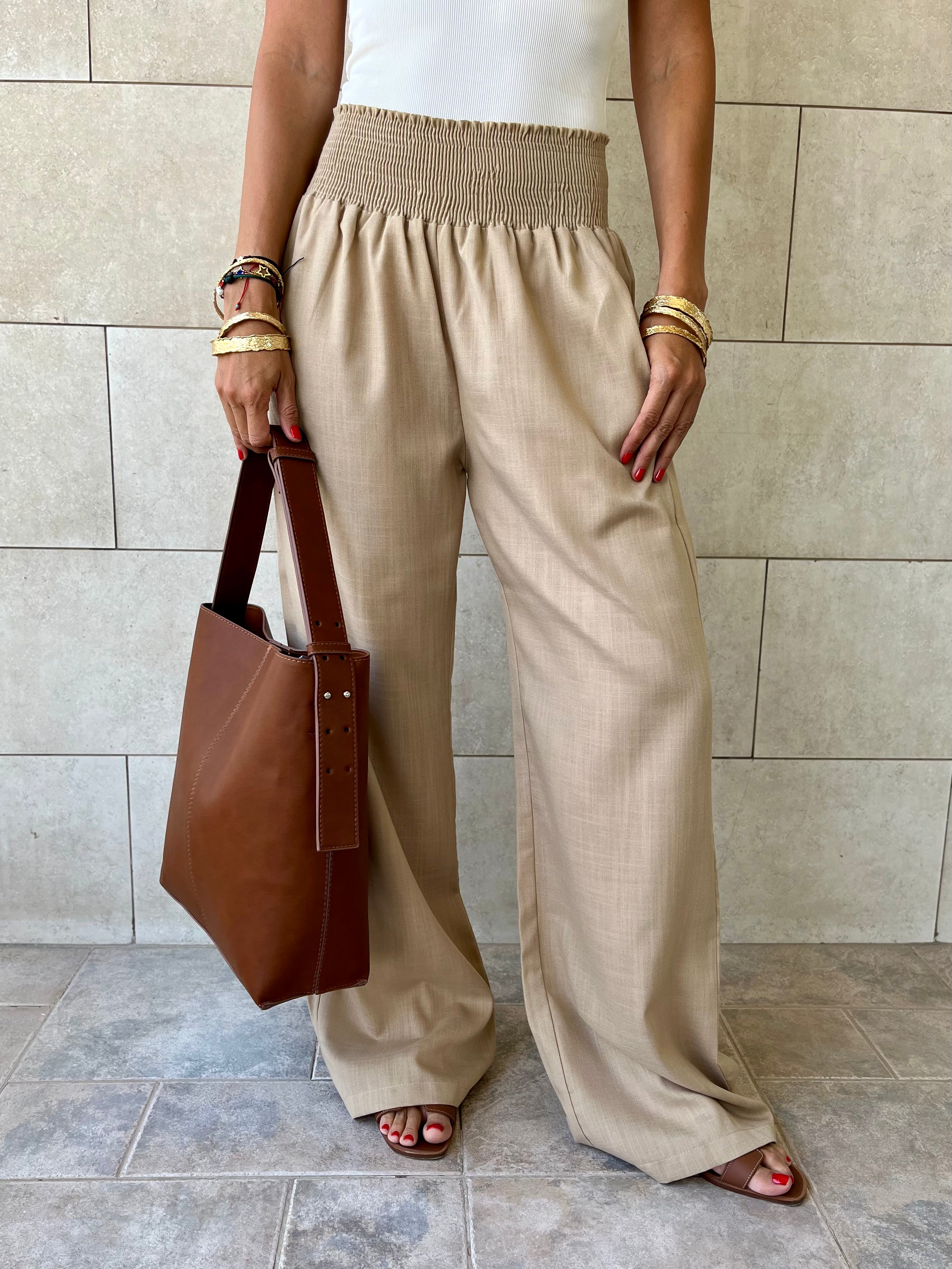 Beige Elastic Boho Pants
