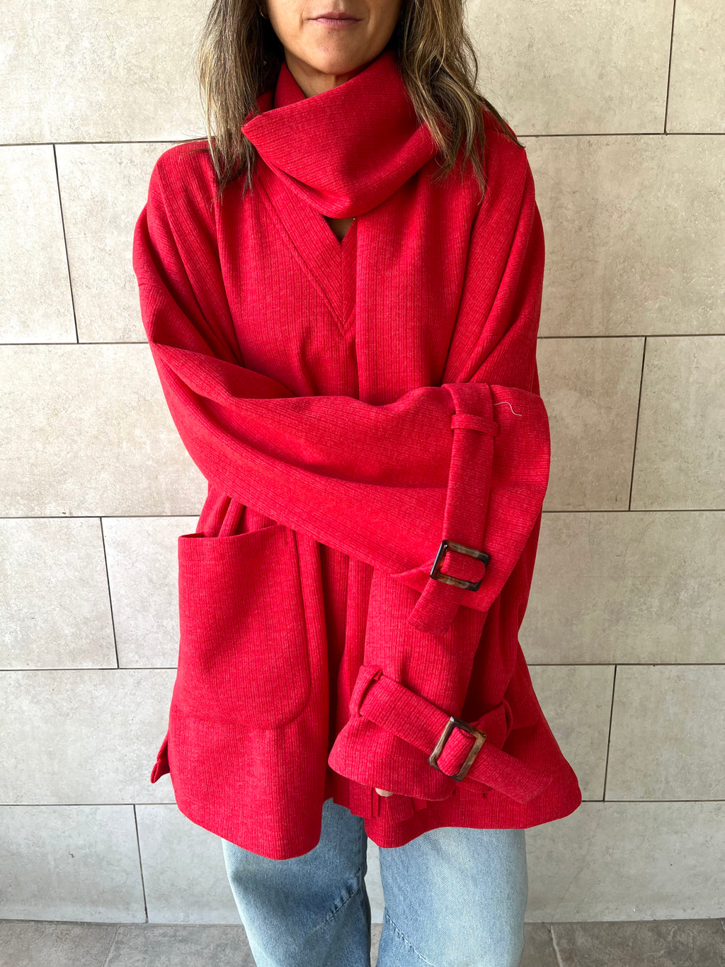 Red fringe Scarf Poncho