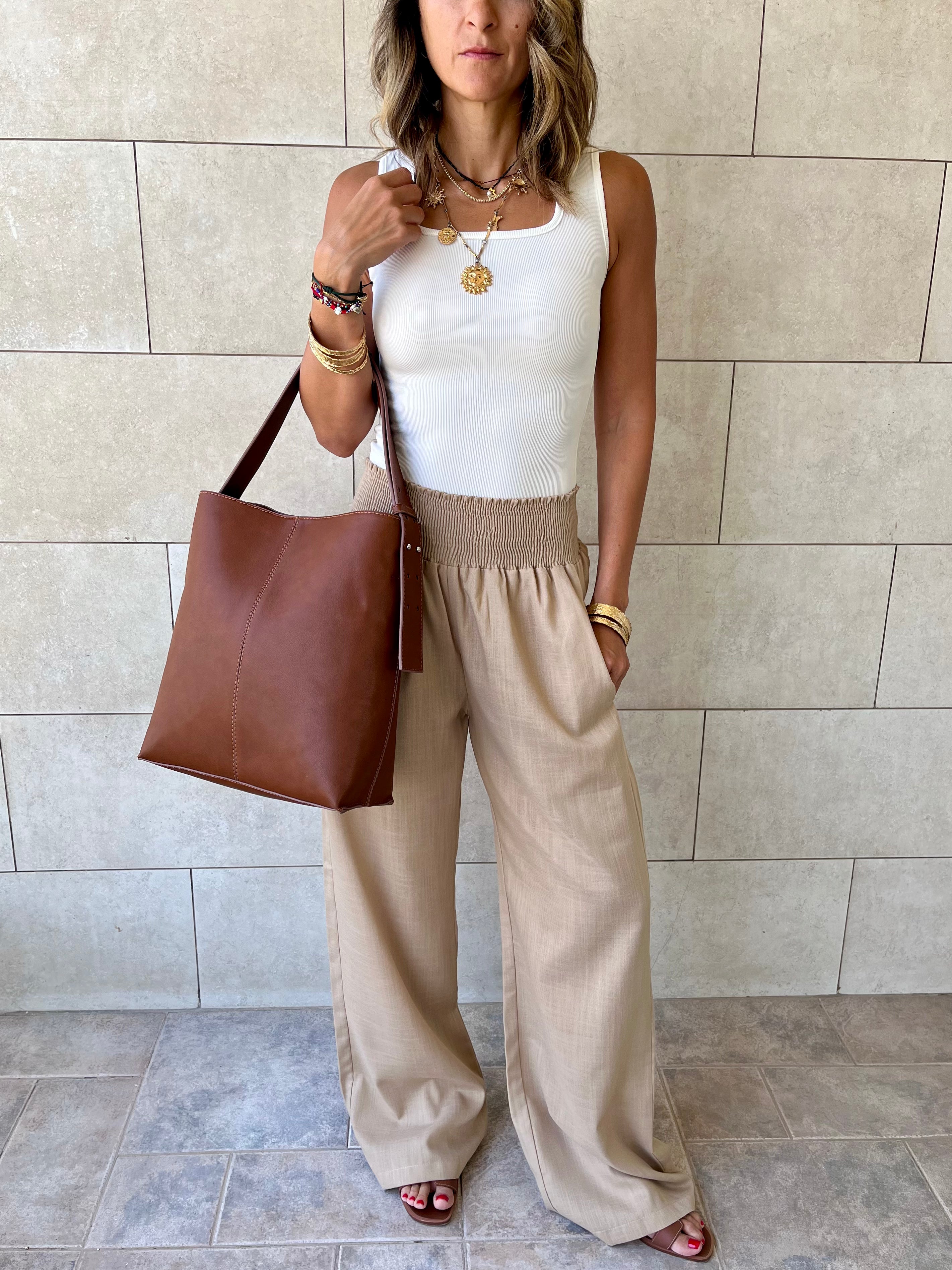 Beige Elastic Boho Pants